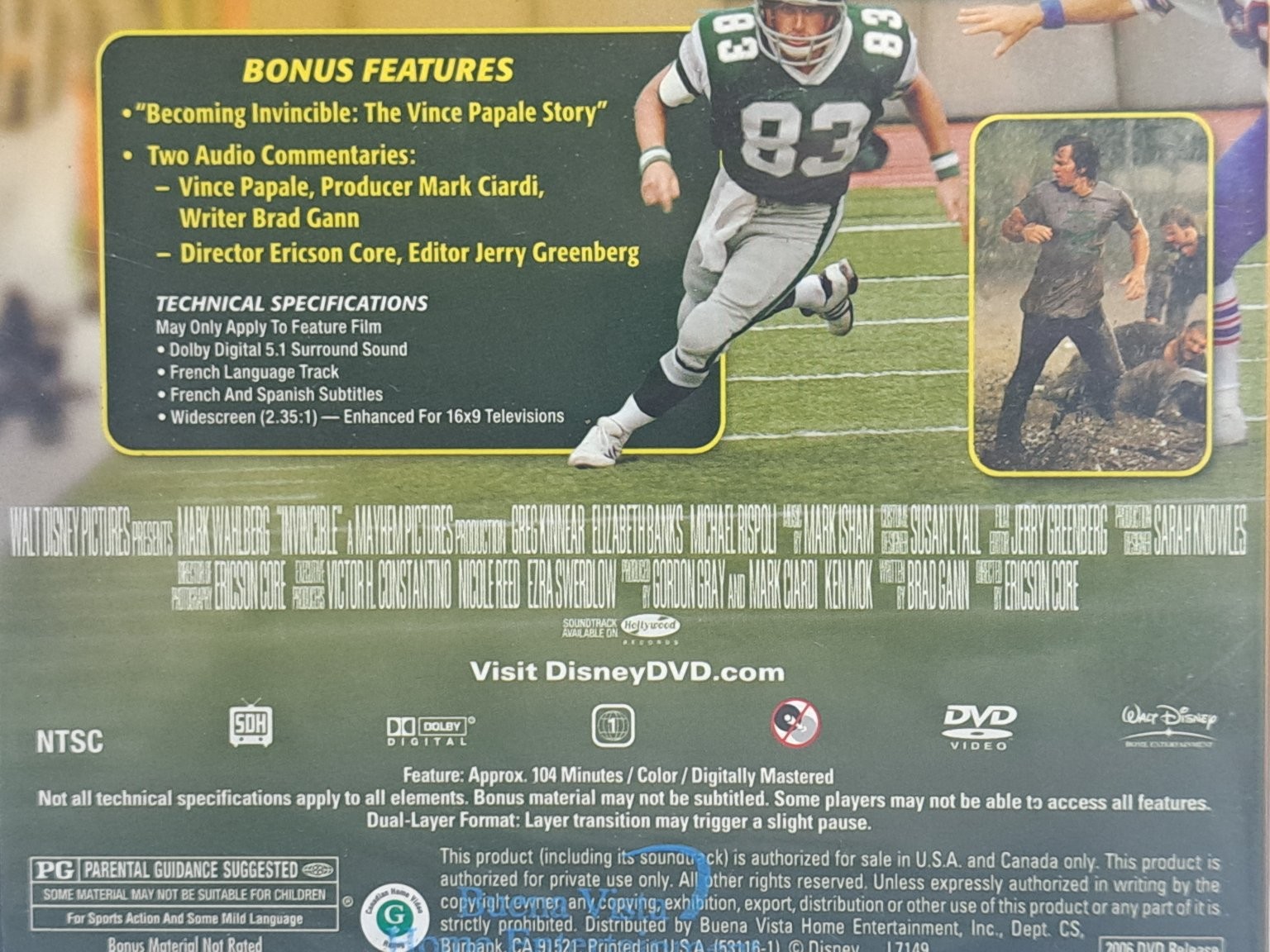 Invincible DVD 2006 Mark Wahlberg Greg Kinnear Ericson Core Widescreen