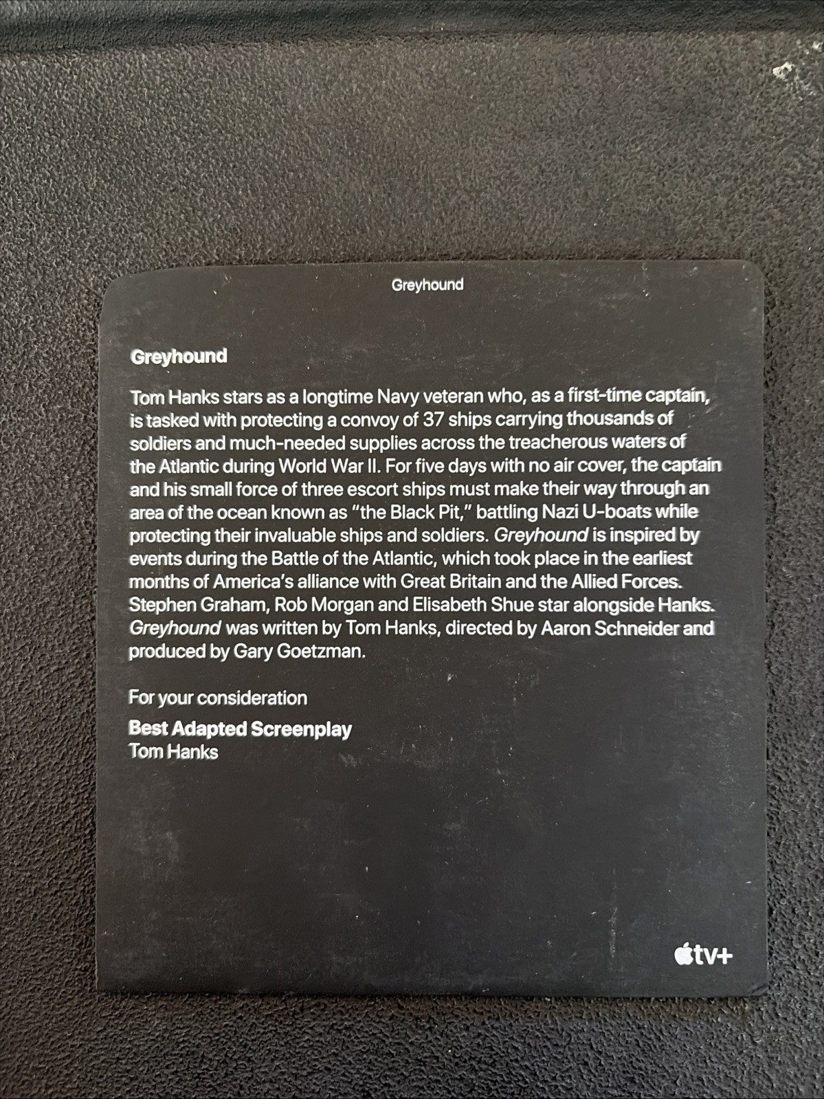 Greyhound FYC DVD 2020 APPLE TV+ Awards Promo Screener