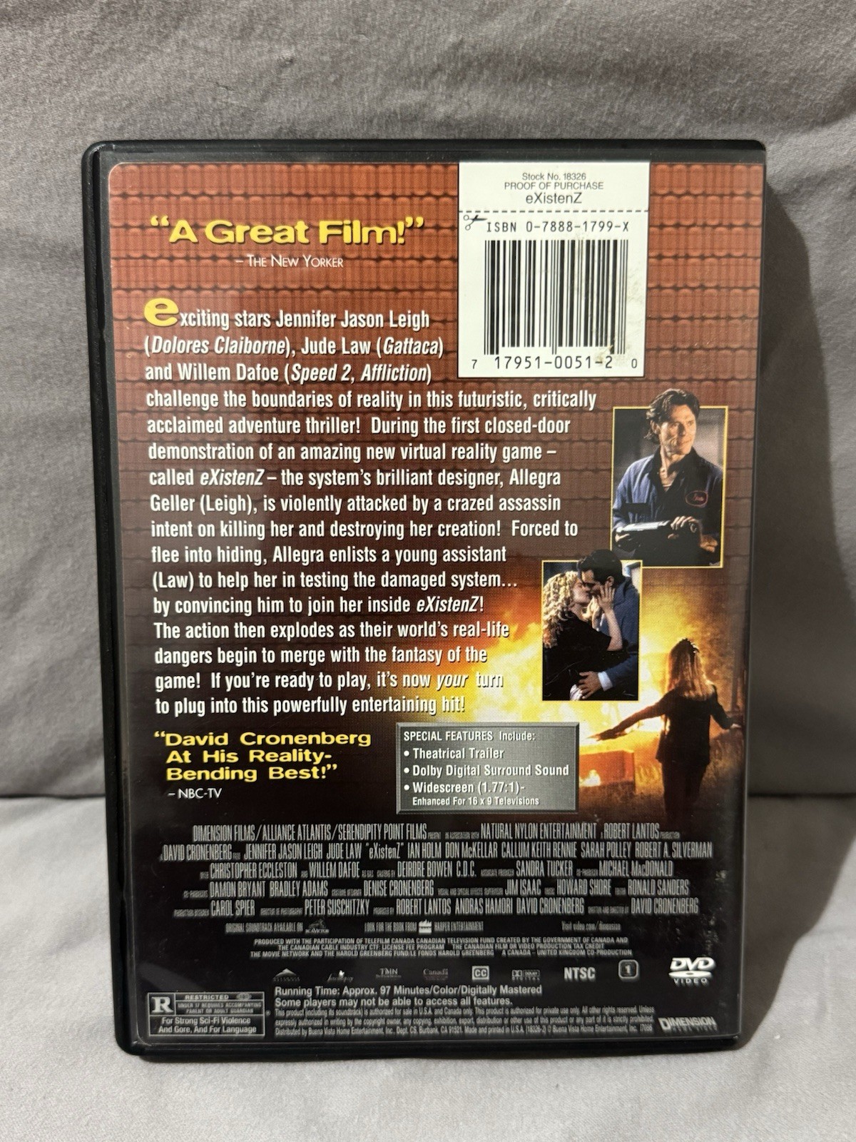 Existenz DVD, 1999, David Cronenberg, Jude Law, Jennifer Jason Leigh, Ian Holm