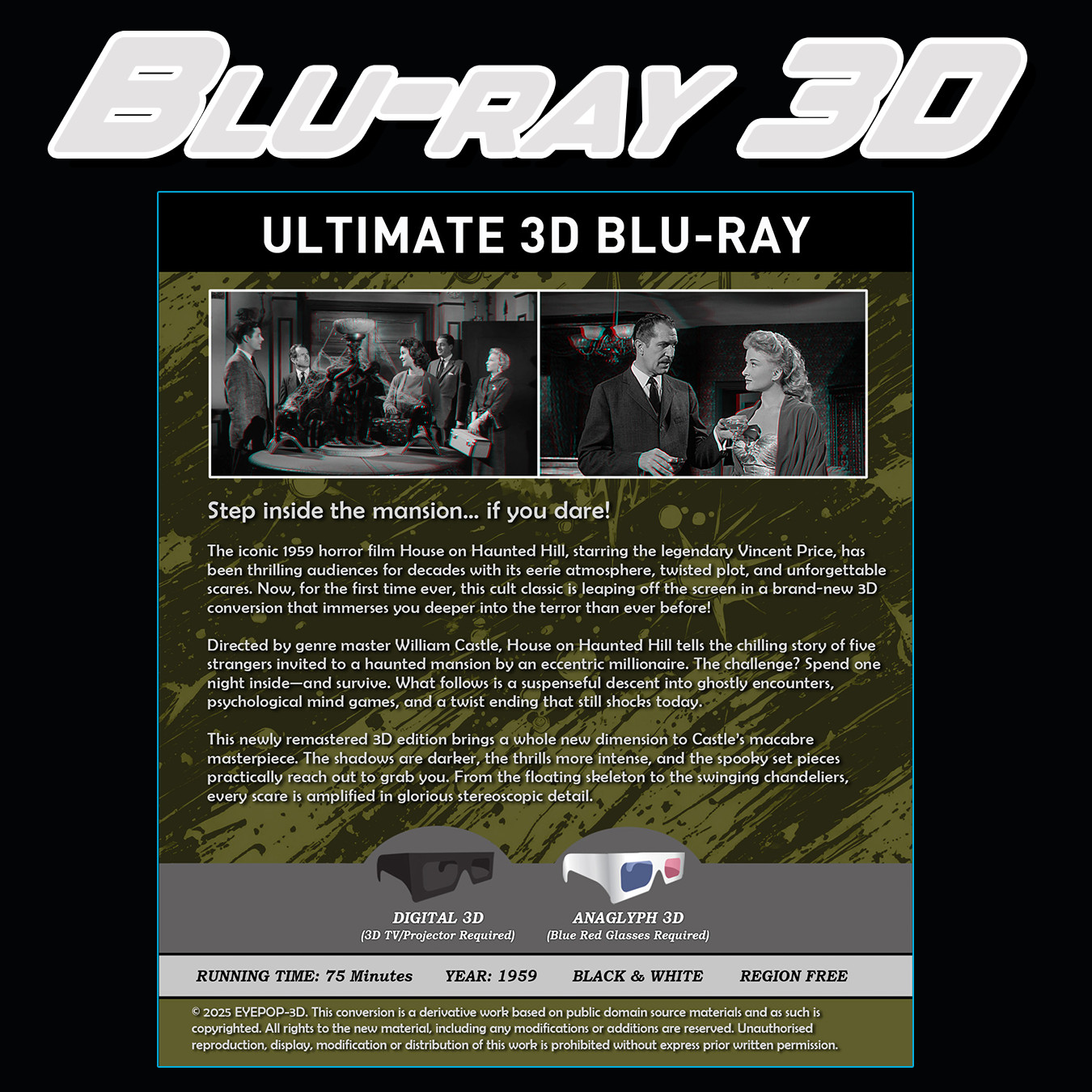 3D Blu-ray – House on Haunted Hill, Vincent Price 1959, Digital 3D + Anaglyph 3D
