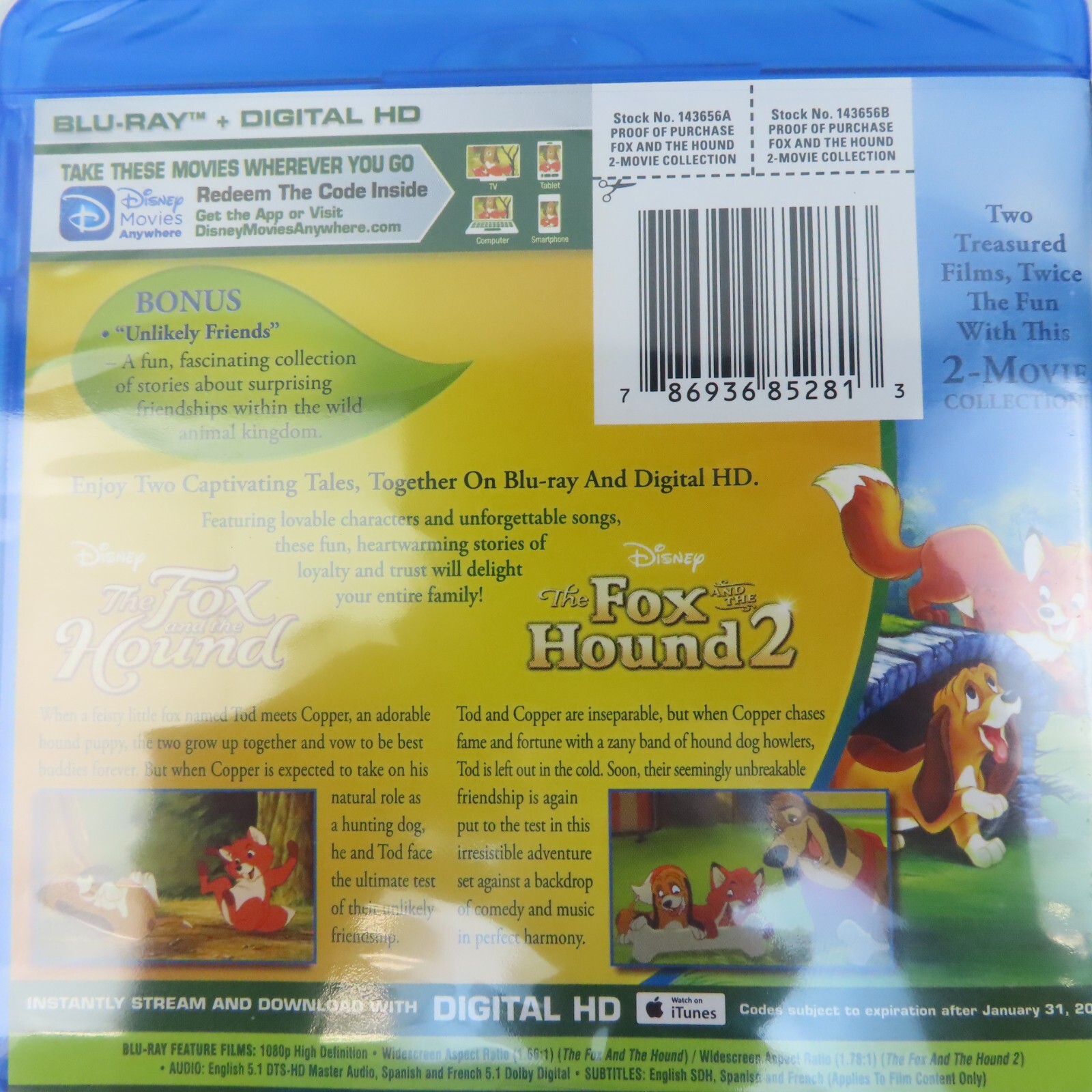 The Fox And The Hound Disney Movie Collection Blu-Ray + Digital HD New