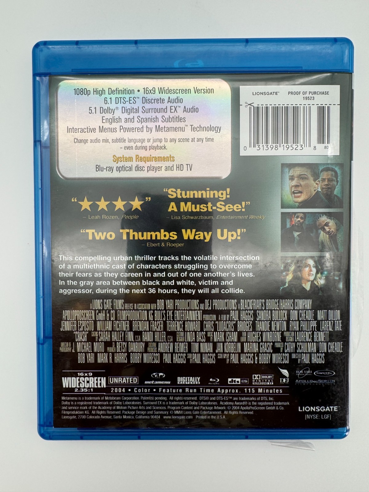 Crash Blu-ray DVD Movie Sandra Bullock Matt Dillon Brendan Fraser – VERY GOOD