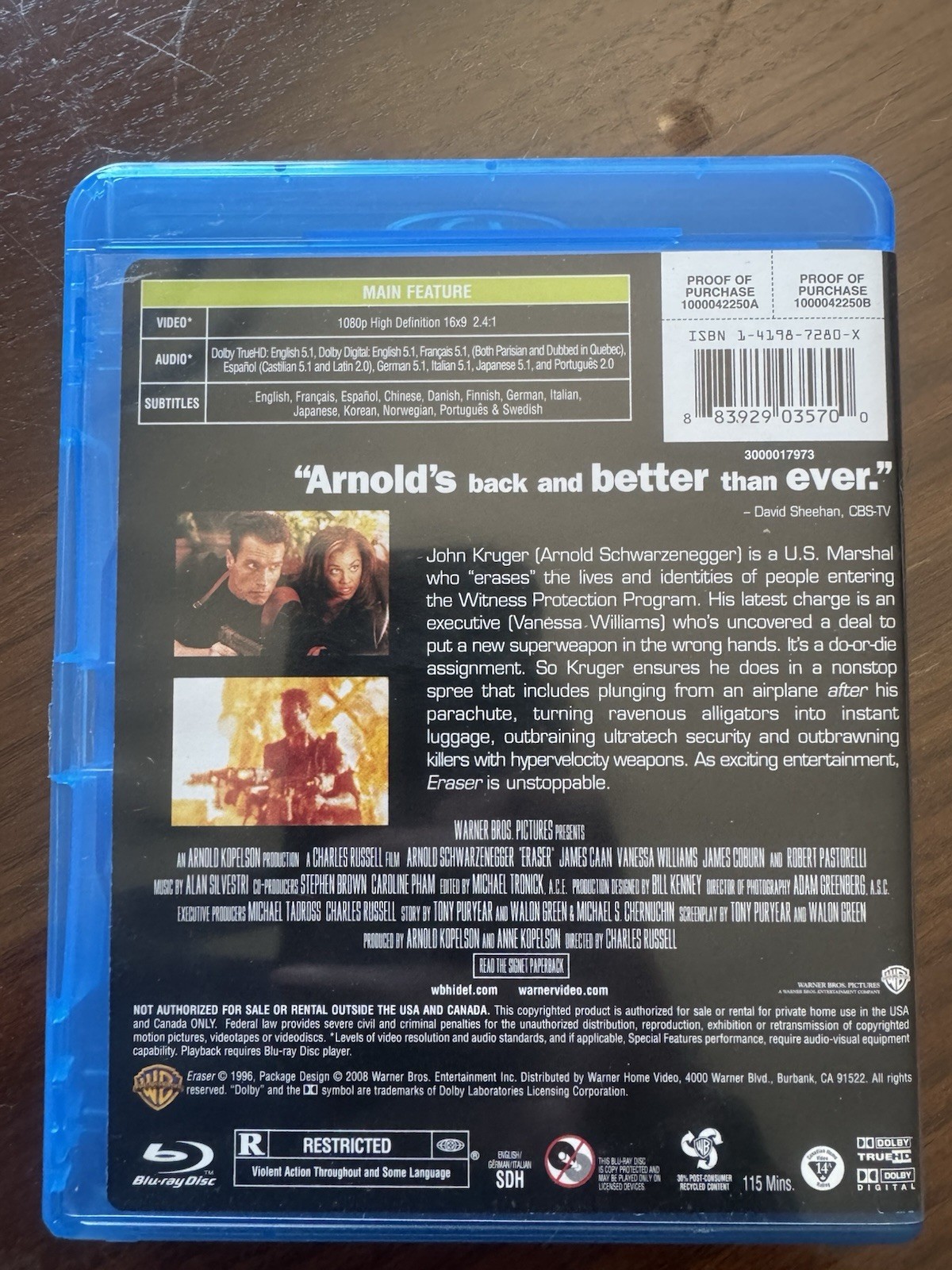 Eraser 1996 Blu-ray Schwarzenegger, James Caan, Vanessa Williams