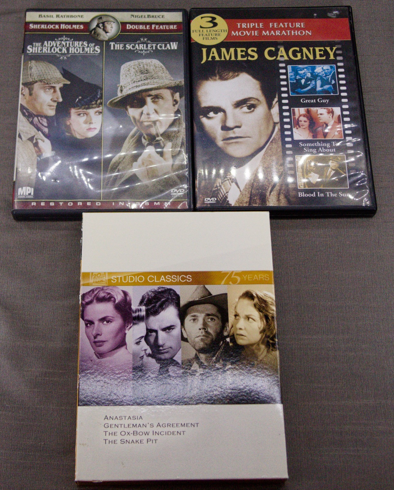 Lot – 3 DVDs: James Cagney Collection, Sherlock Holmes, 4‑Movie Compilation, EUC