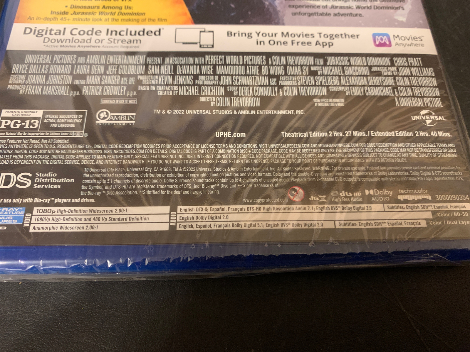 Jurassic World Dominion Bluray/DVD w/ Slipcover New Sealed