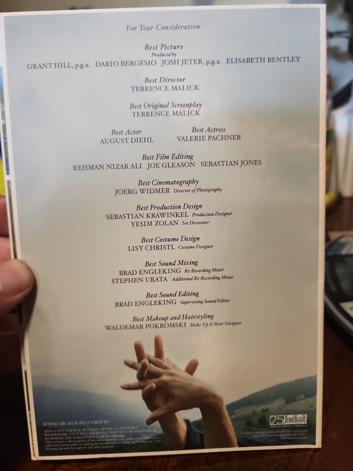 A Hidden Life FYC DVD 2019 For Your Consideration Promo Malick Diehl Pachner SAG
