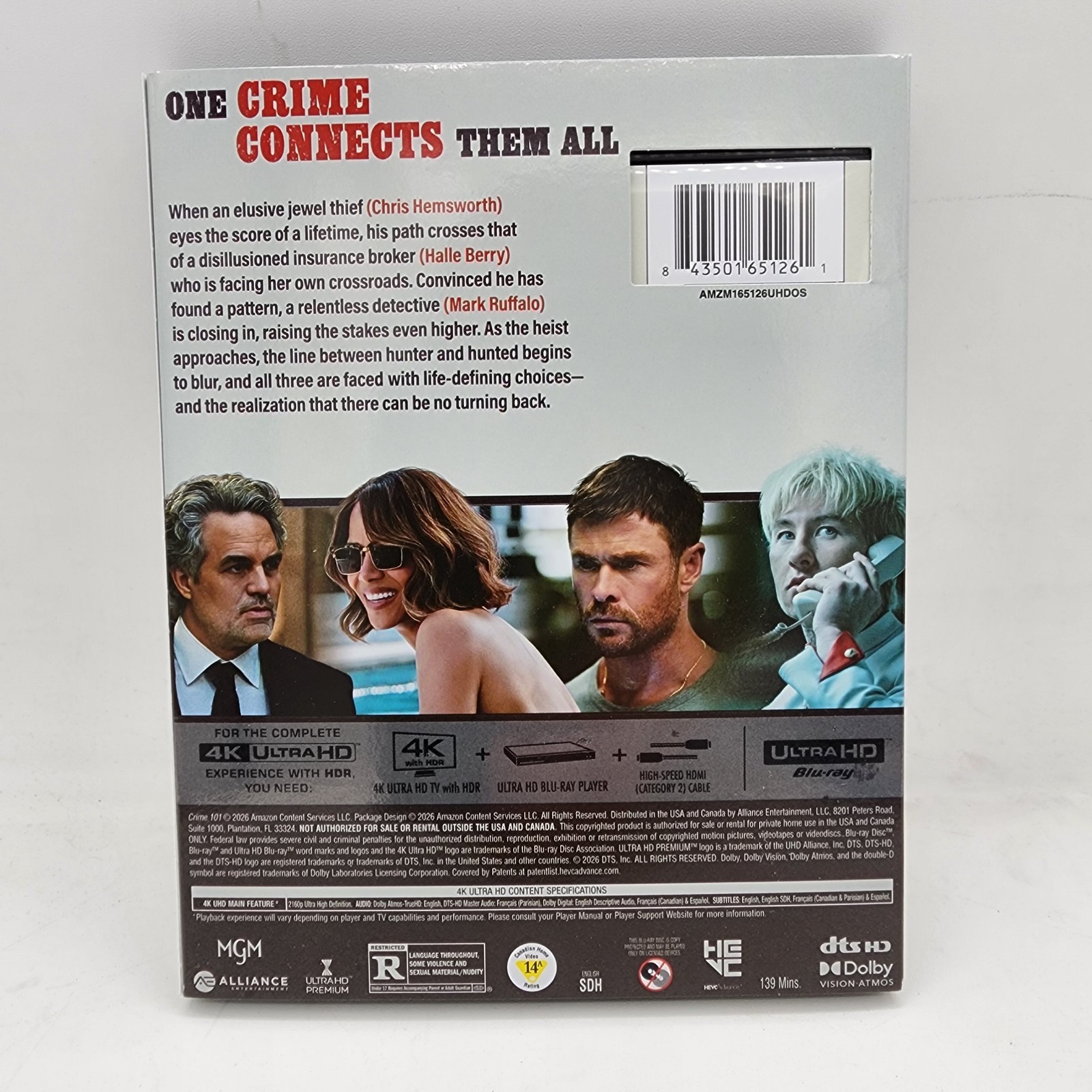 CRIME 101 4K UltraHD Blu-Ray Chris Hemsworth Barry Koeghan Mark Ruffalo Like New