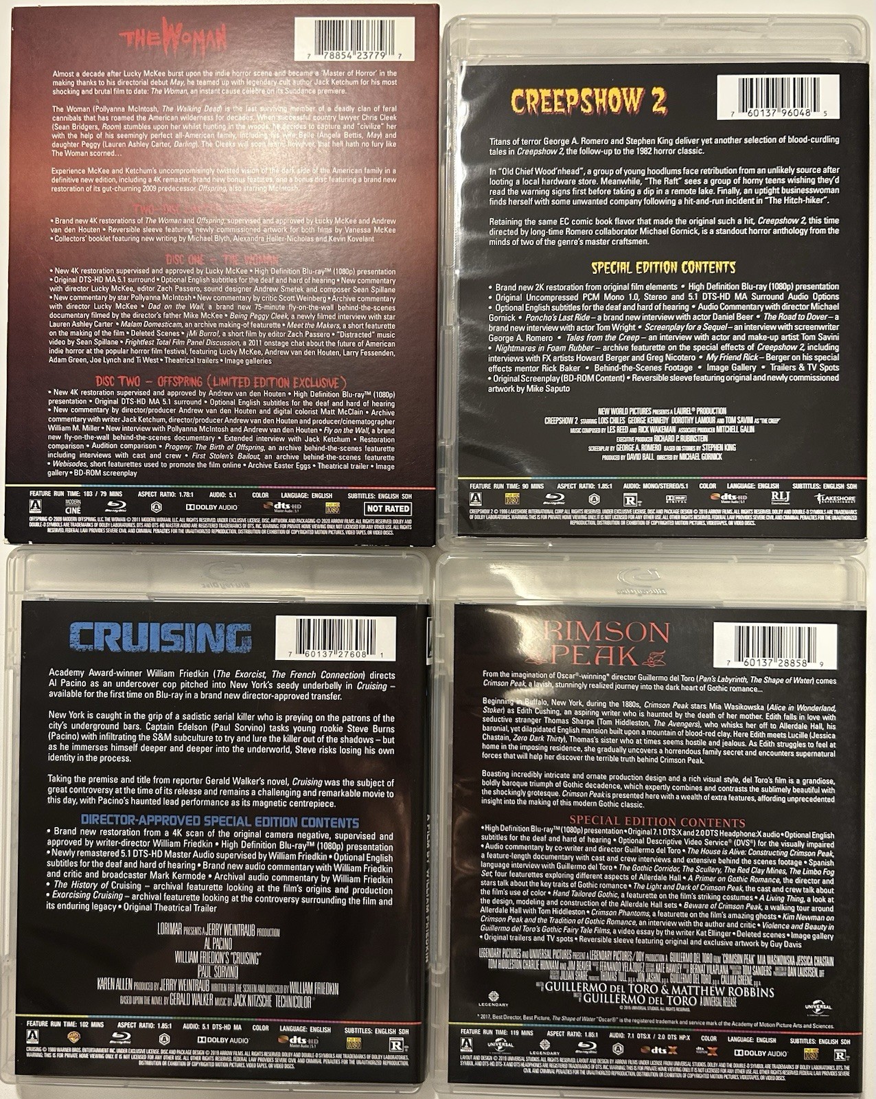 Arrow Video Blu-ray Lot of 4 US (The Woman, Cruising, Creepshow 2, Crimson Peak)
