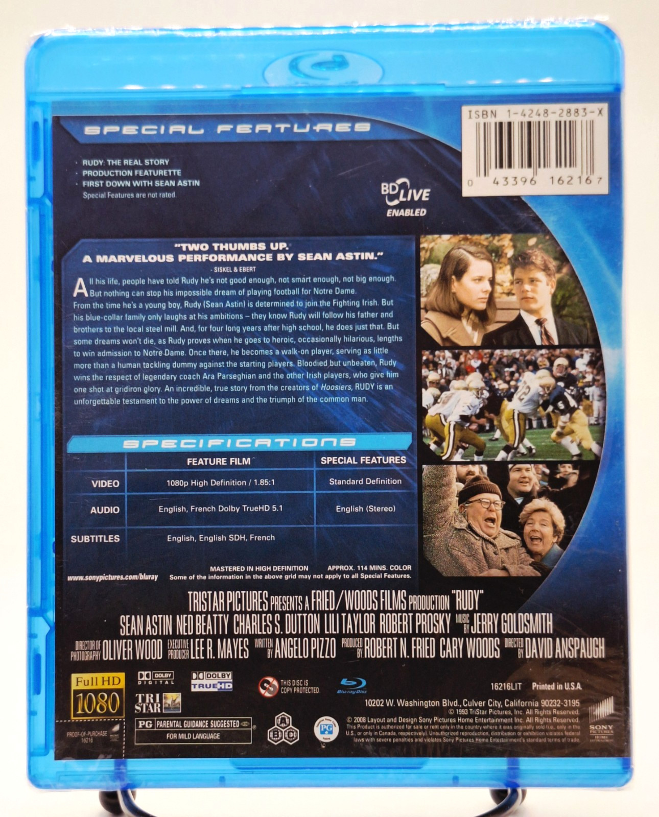 Rudy (Blu-ray, 1993/2008) Sean Astin, Vince Vaughn, Jon Favreau, Ned Beatty, NEW