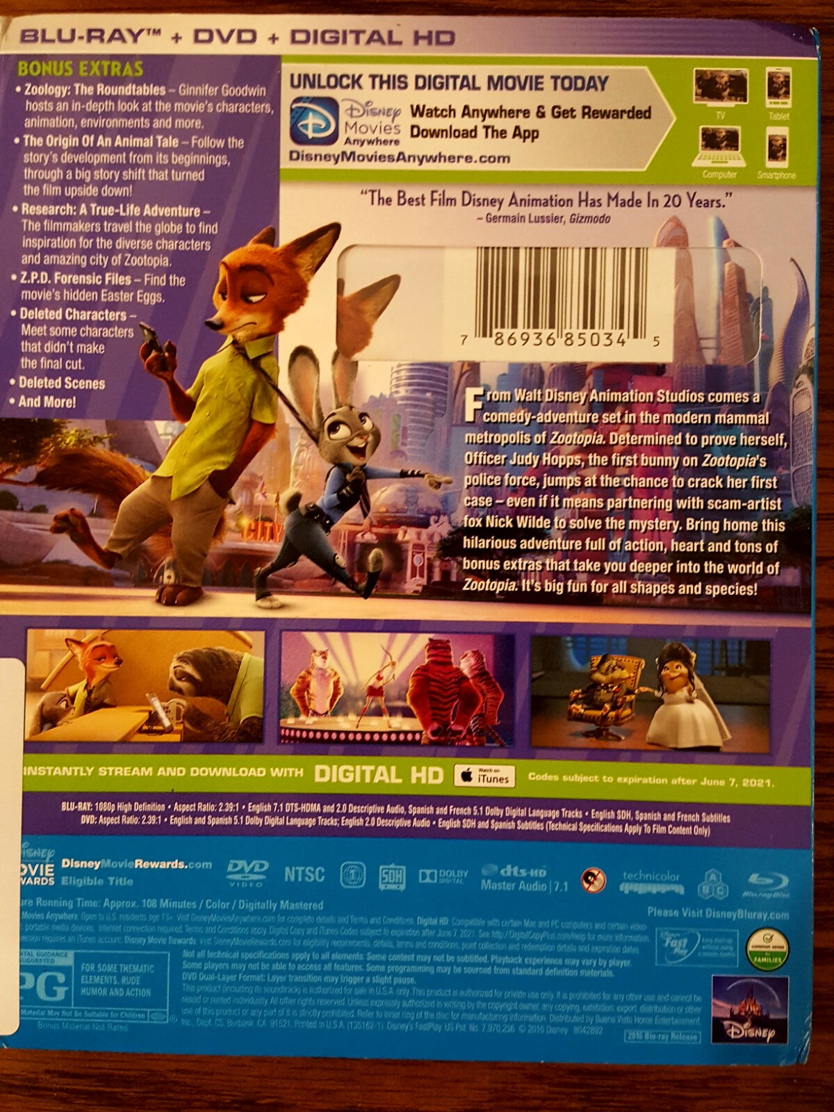 Zootopia (Blu-ray and DVD Combo, 2016) with Slipcover