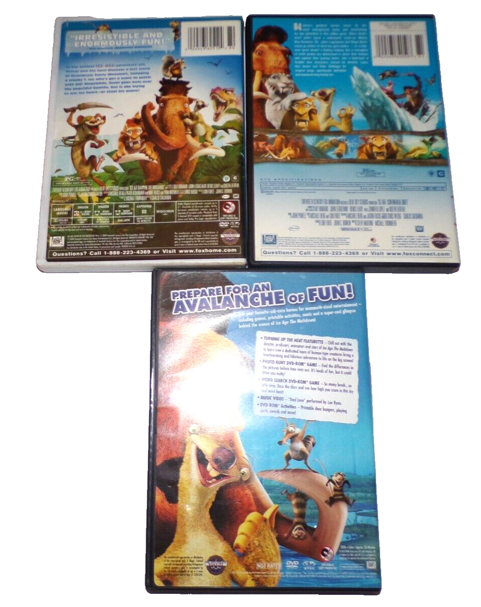 3 Ice Age movies Dawn of Dino, Continental drift, Chillin’ with Scrat