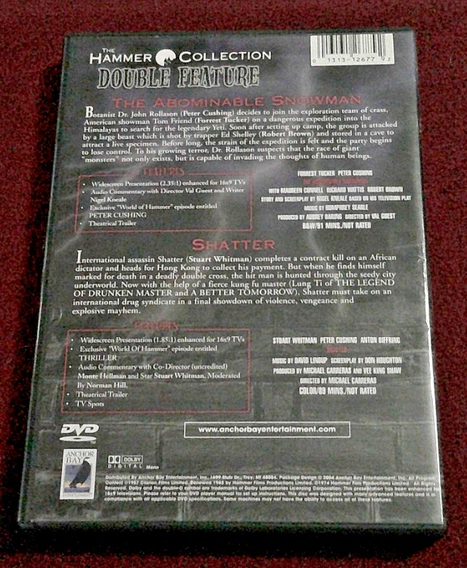 The Abominable Snowman/Shatter OOP 2 DVD Anchor Bay Hammer Collection set