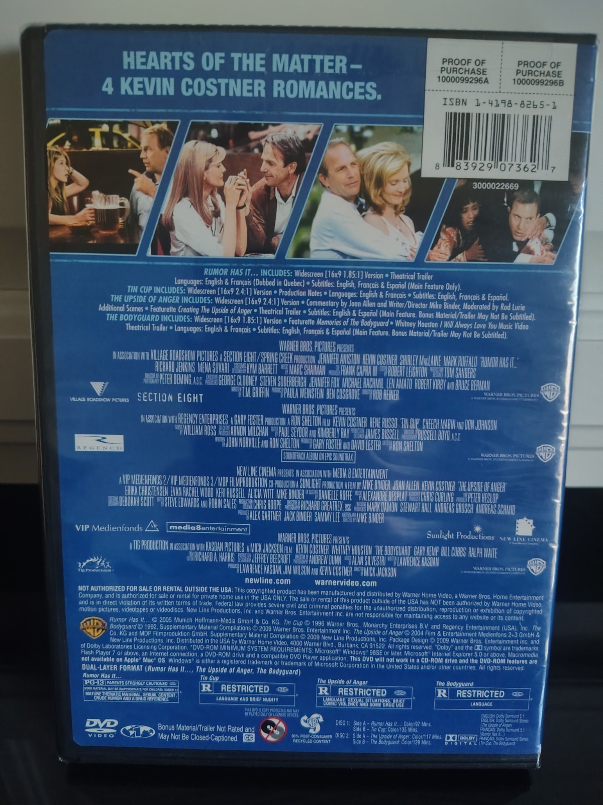 4 Film Favorites: Kevin Costner Collection- DVD – Brand New and Sealed – Tin Cup