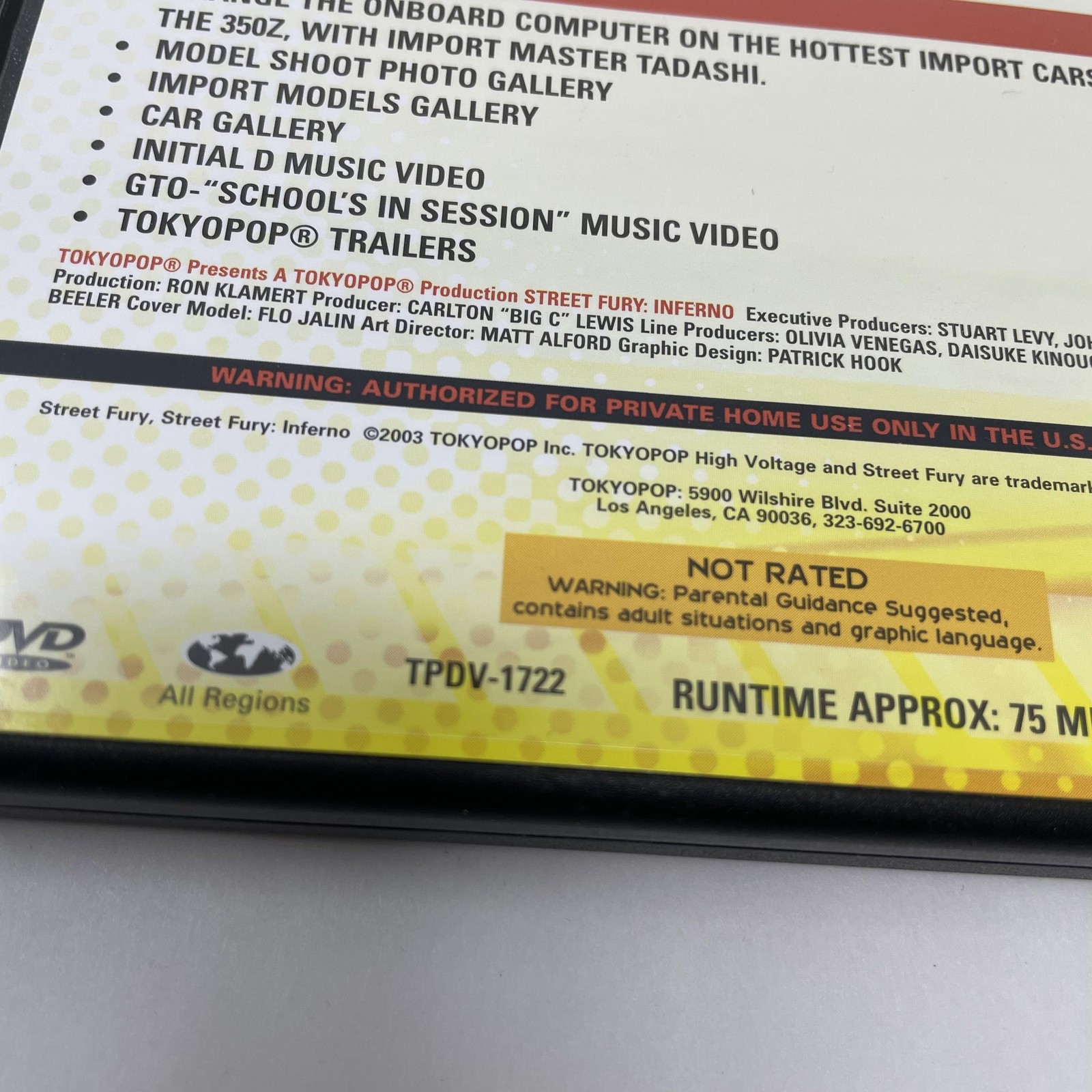 Vintage Street Fury Inferno DVD Tokyopop 2003 Import Automotive Street Racing