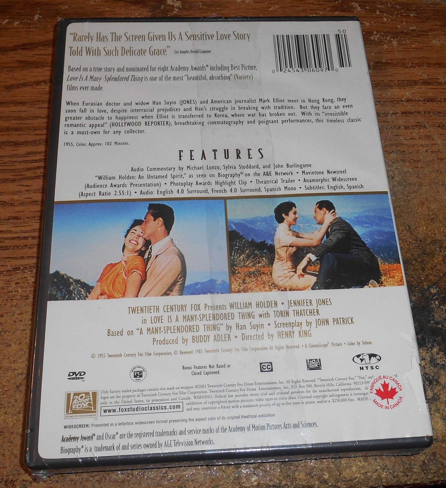 LOVE IS A MANY-SPLENDORED THING 1955 DVD/WILLIAM HOLDEN/JENNIFER JONES/NEW!