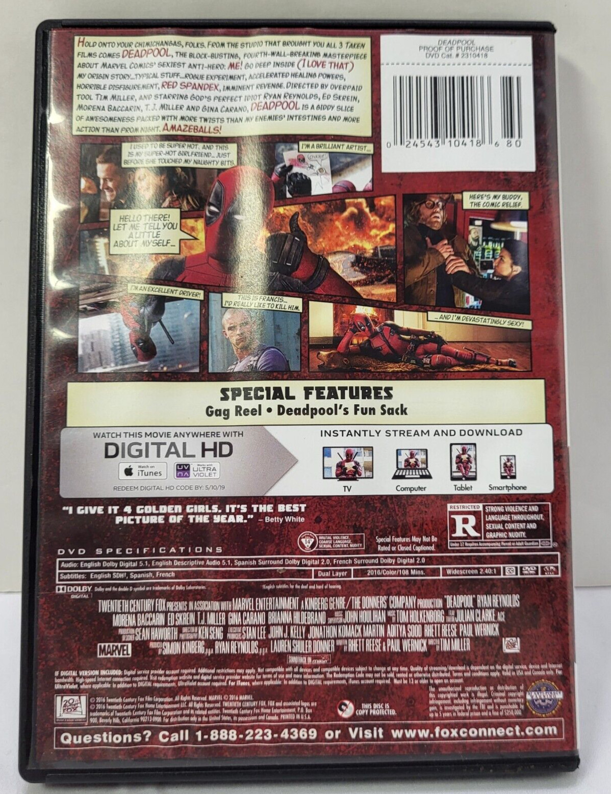 Marvel Deadpool 2016 Movie DVD + Digital HD Rated R 108 Minutes