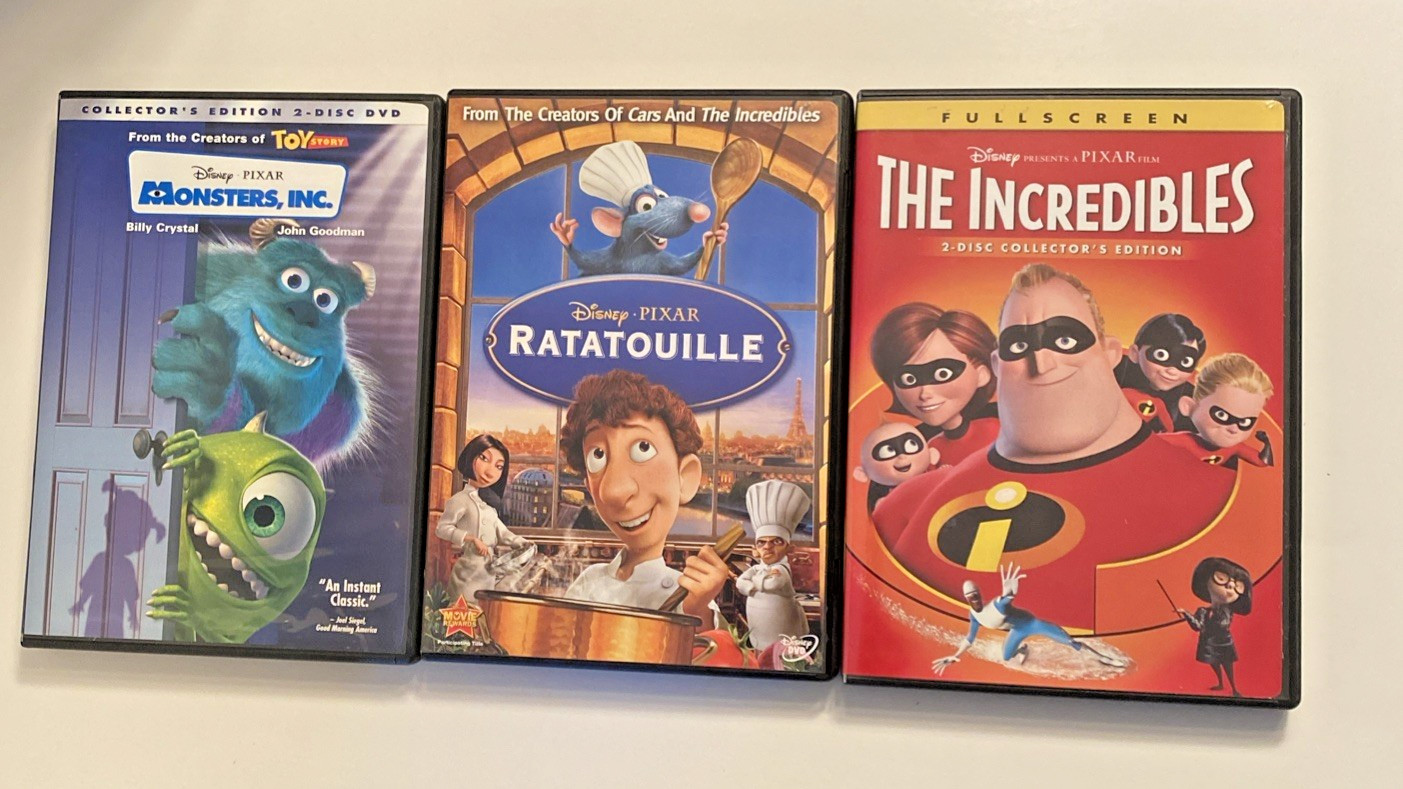 Lot of 3 Disney PIXAR Children’s DVD’s – Monsters, Incredibles, Ratatouille