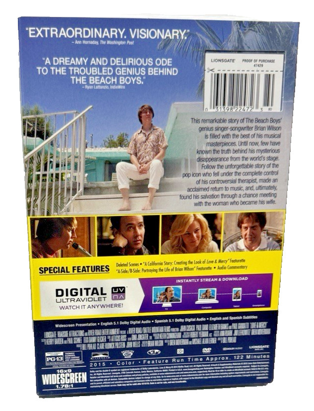 Love & Mercy DVD Digital John Cusack Beach Boys Biopic with Slipcover New Sealed