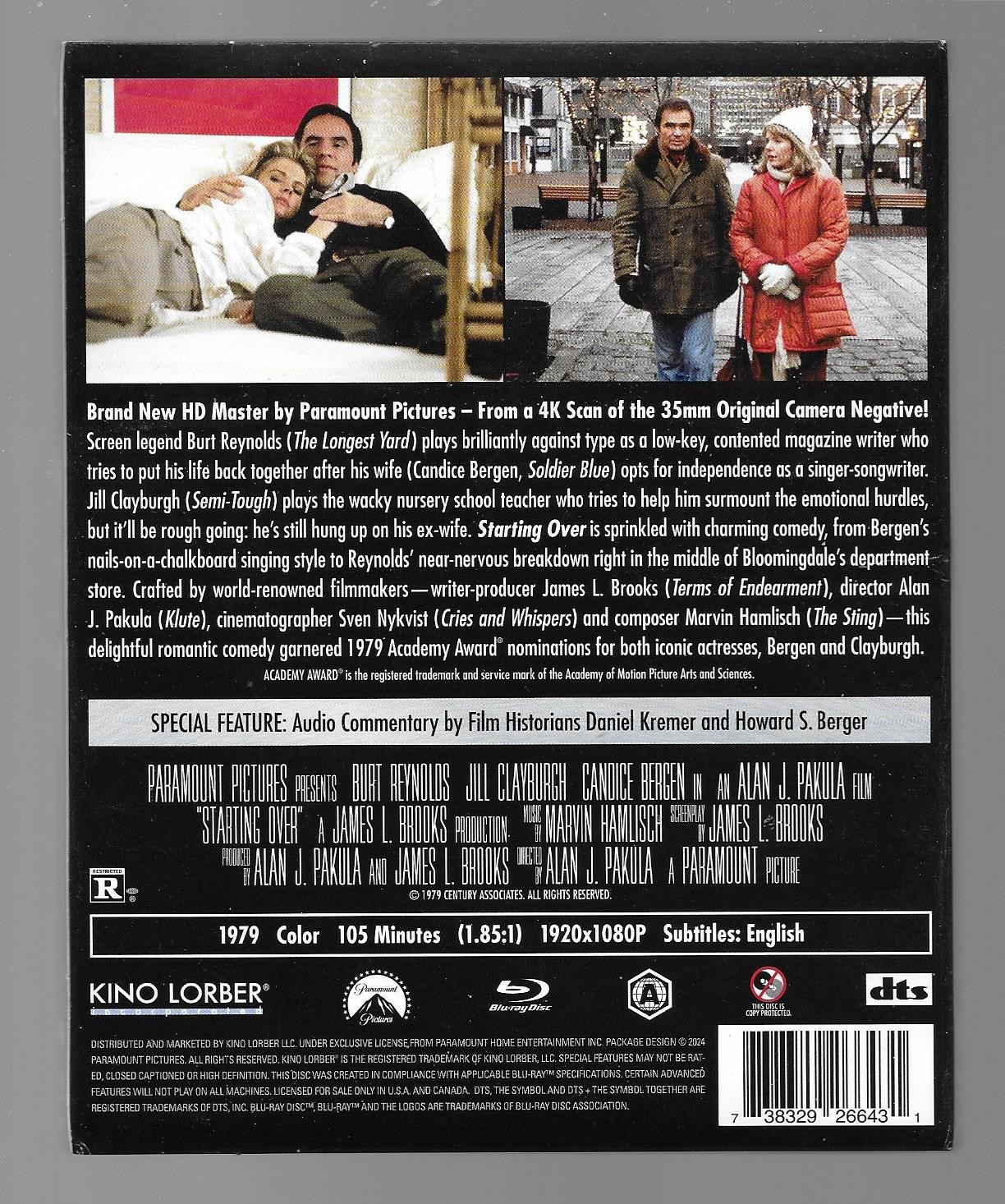 Starting Over Blu-ray (1979, Kino Lorber) Burt Reynolds with Slipcover