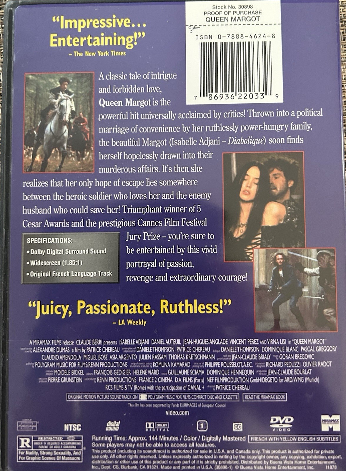 Queen Margot DVD French Patrice Chereau Isabelle Adjani Daniel Auteuil Like NEW