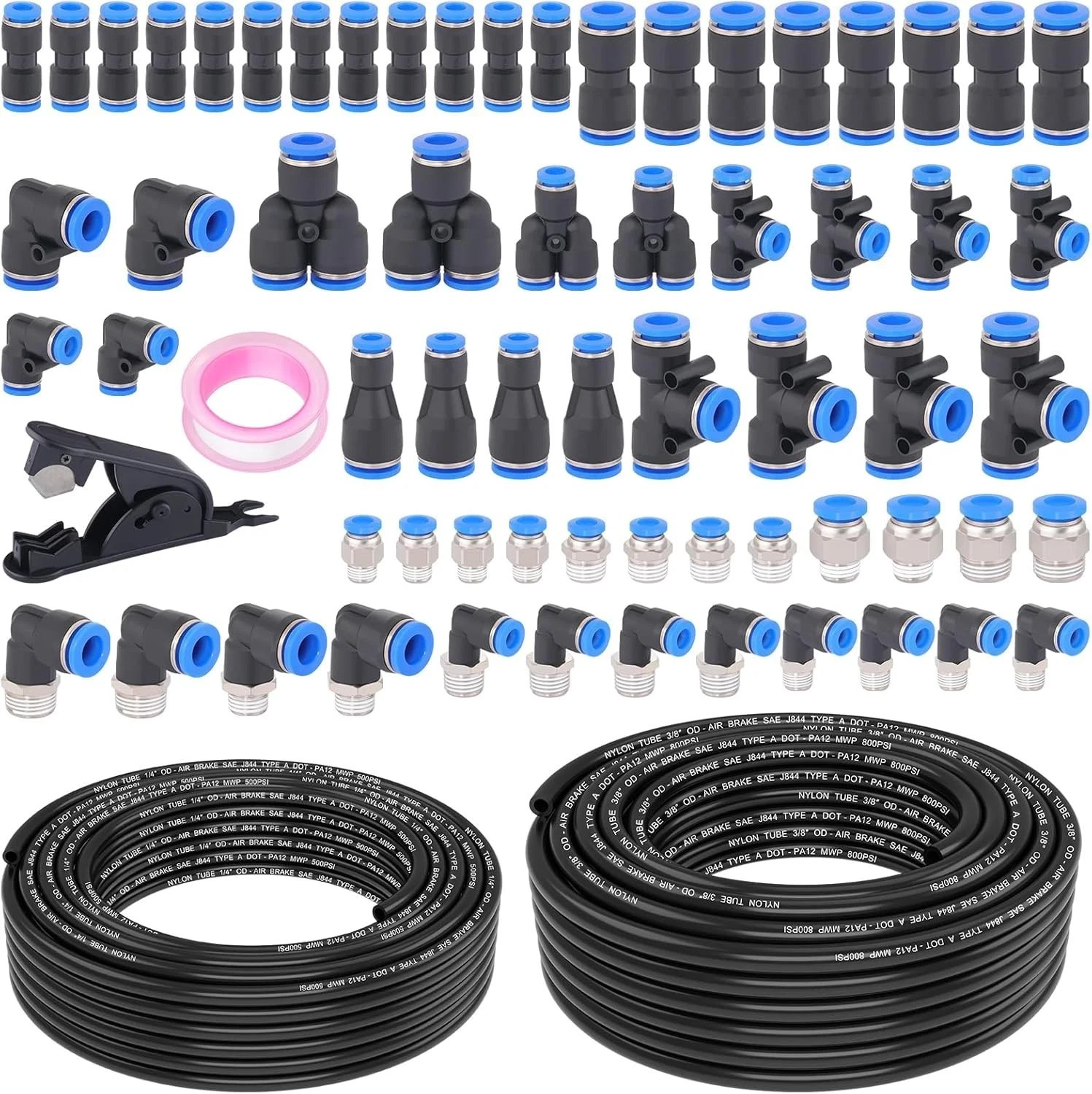 68 Pcs DOT Air Line with Quick Connect Air Fittings Kit 2 Roll 50FT 1/4″ and 3/8