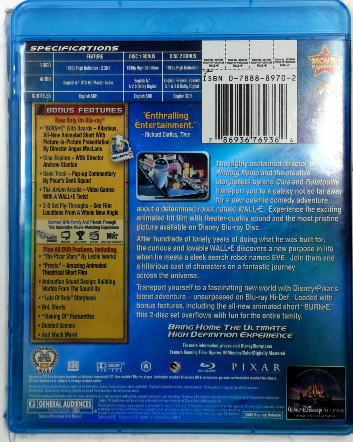 WALL•E Blu-ray 2008 2-Disc Set Disney Pixar Andrew Stanton Burn-E