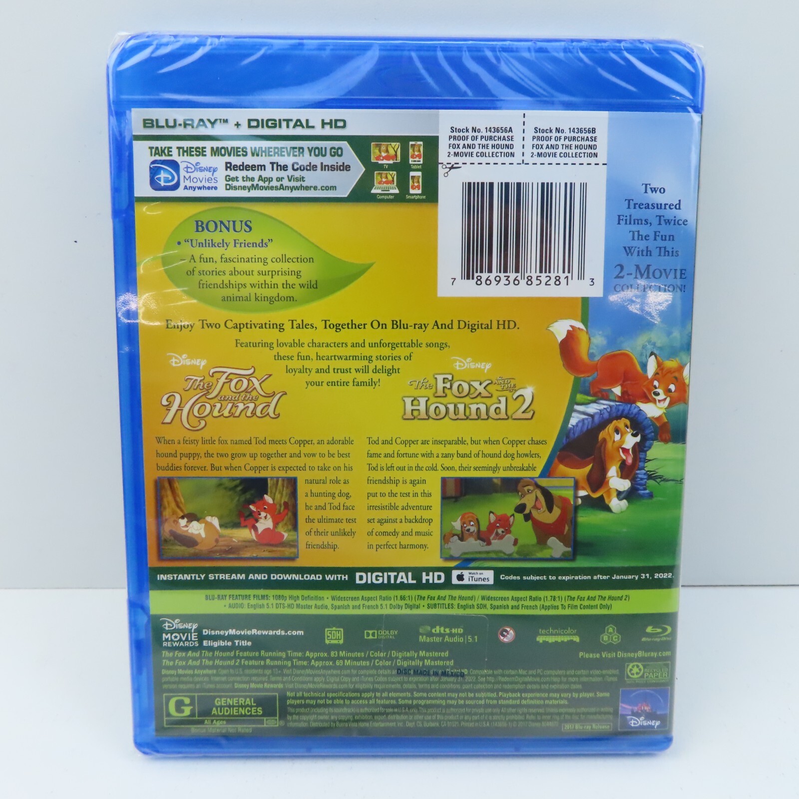 The Fox And The Hound Disney Movie Collection Blu-Ray + Digital HD New