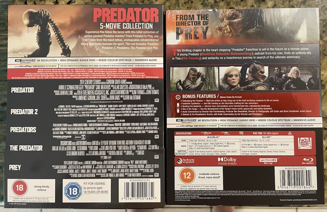 PREDATOR 6 MOVIE COLLECTION Region Free 4k Ultra HD Blu Ray (1987-2025) Badlands