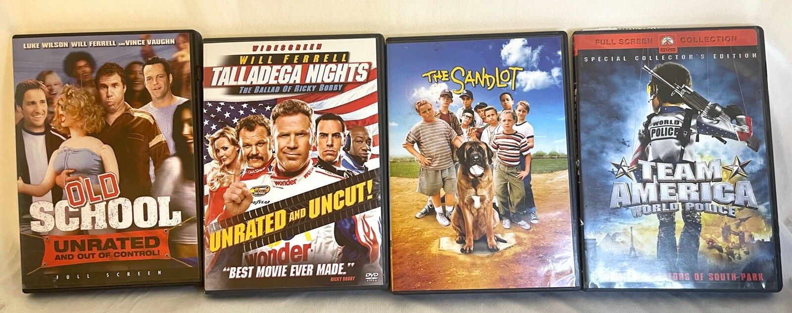 4 DVD’s Old School, Talladega Nights, The Sand Lot, Team America World Police