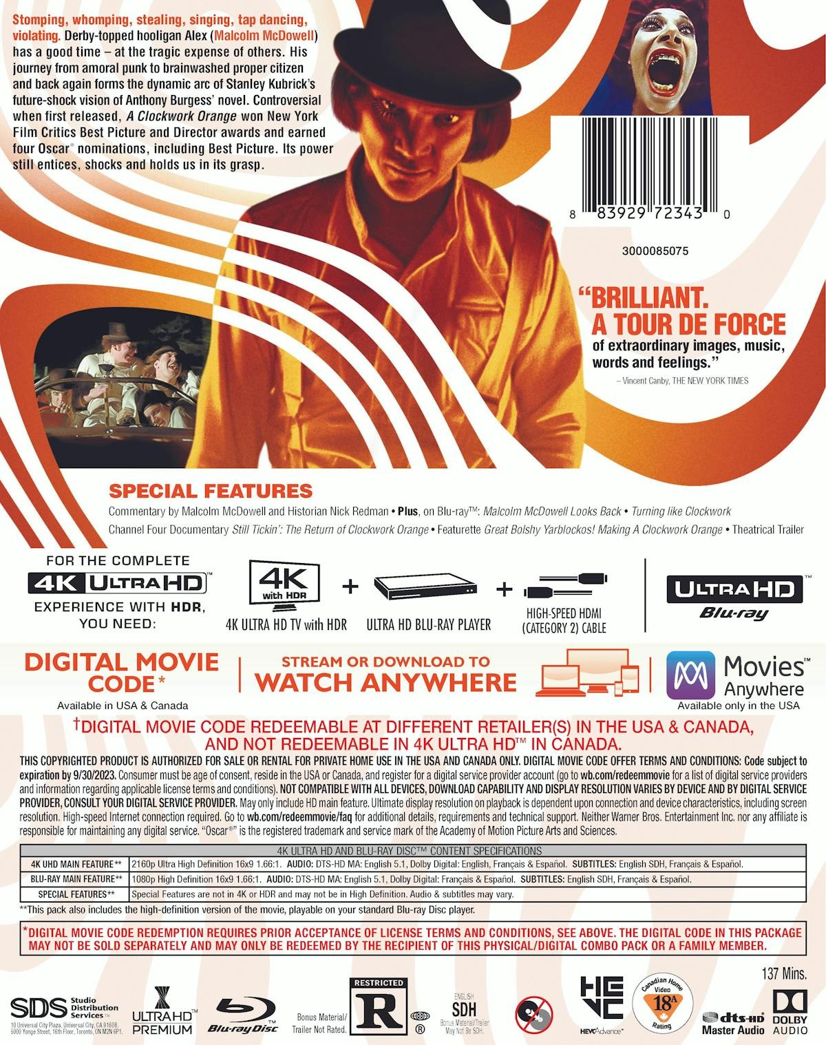 A Clockwork Orange 4K UHD Blu-ray Malcolm McDowell NEW