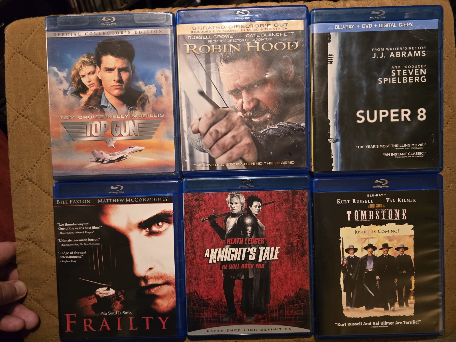 6 Blu-ray Lot- Tombstone, A Knight’s Tale, Frailty, Top Gun, Robin Hood, Super 8