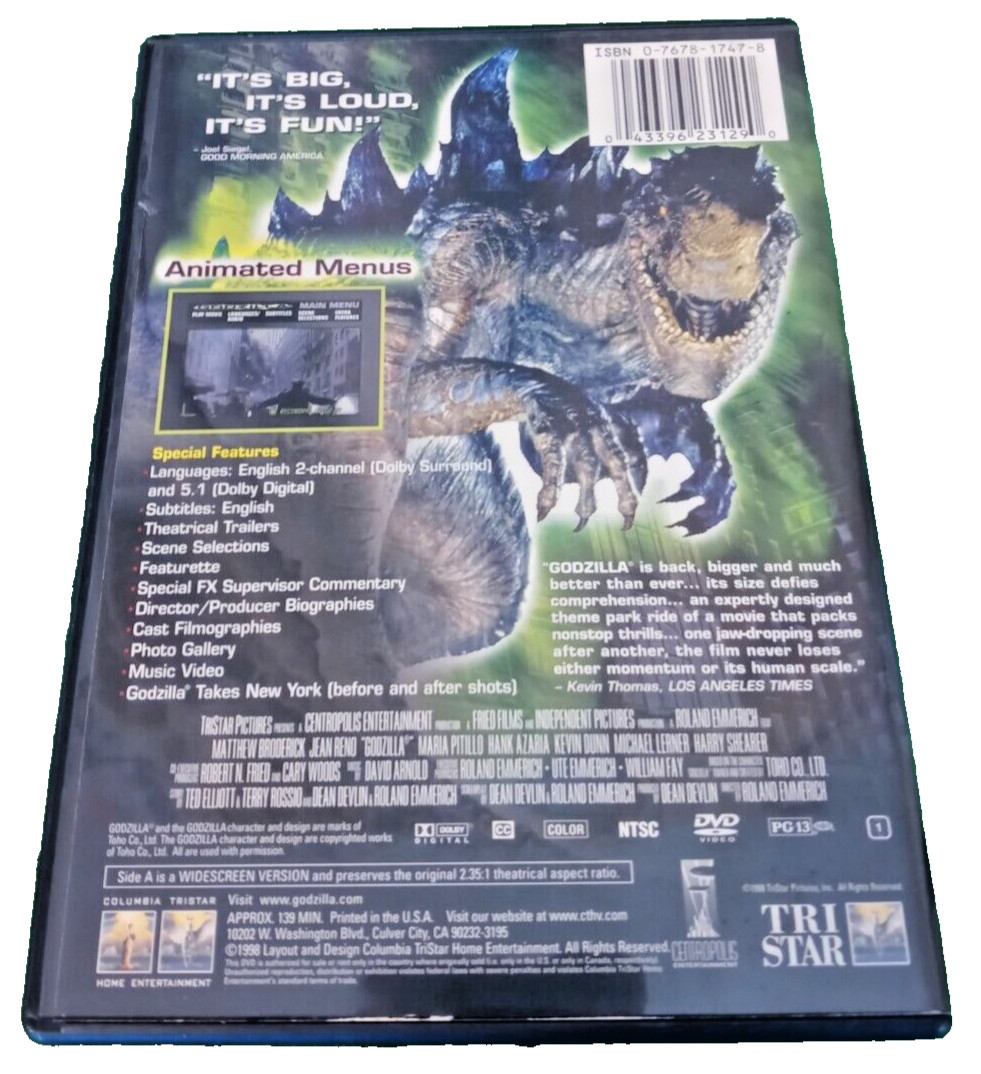 Godzilla Vintage 1998 Deluxe Widescreen Presentation DVD 139 Min. Rated PG-13