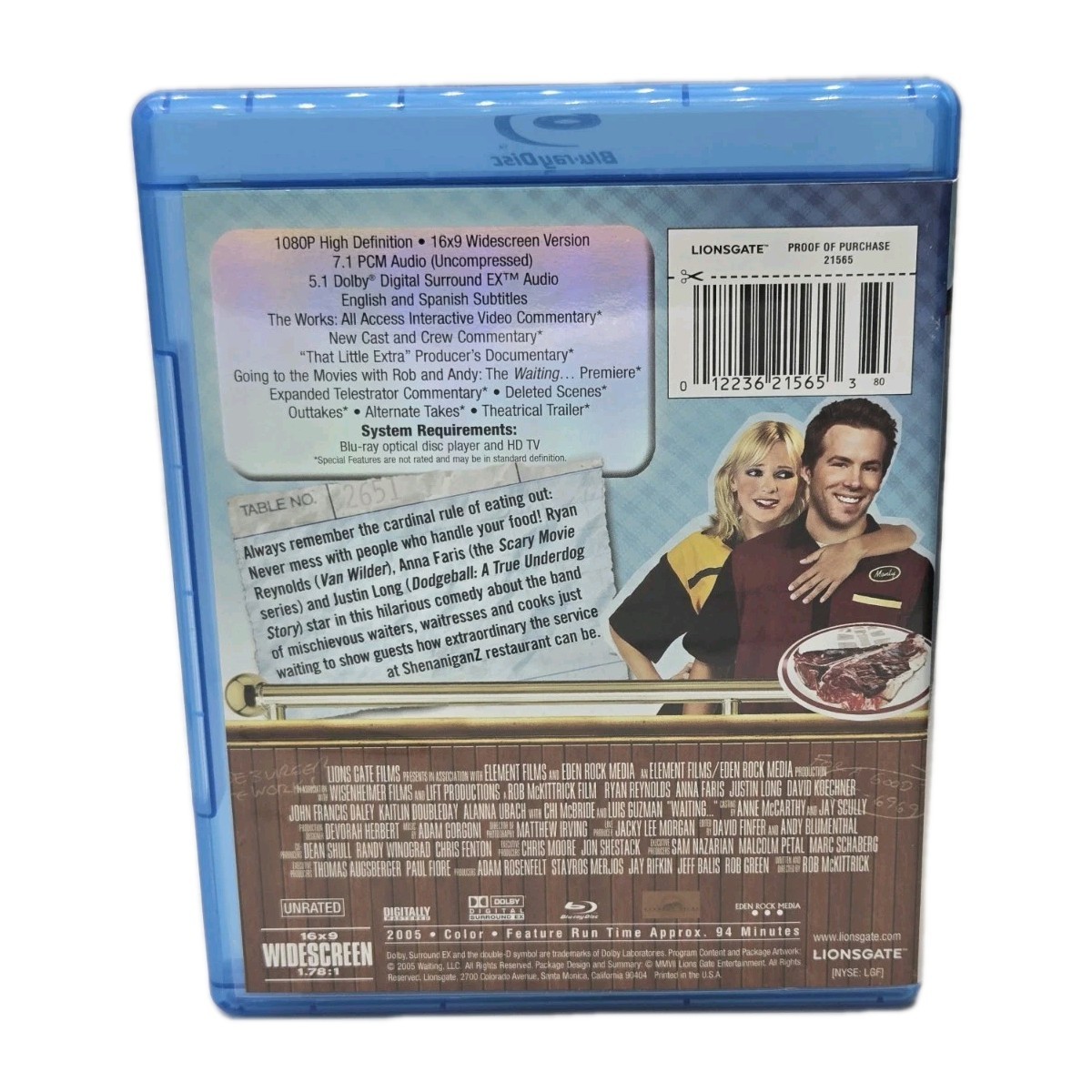 Waiting, Unrated And Raw Blu-ray Ryan Reynolds Used