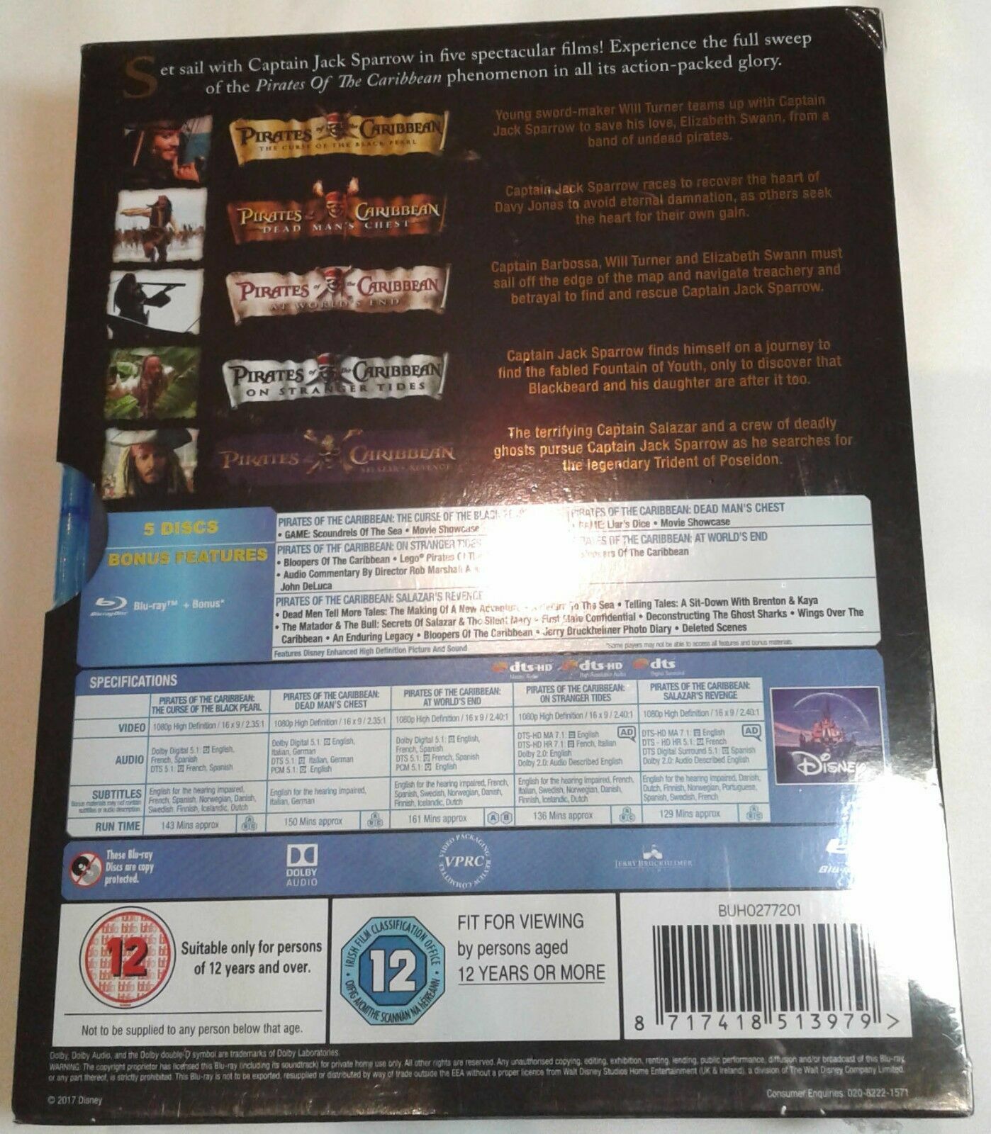 Pirates of the Caribbean 1-5 Five Movie Collection Blu-Ray Set BRAND NEW