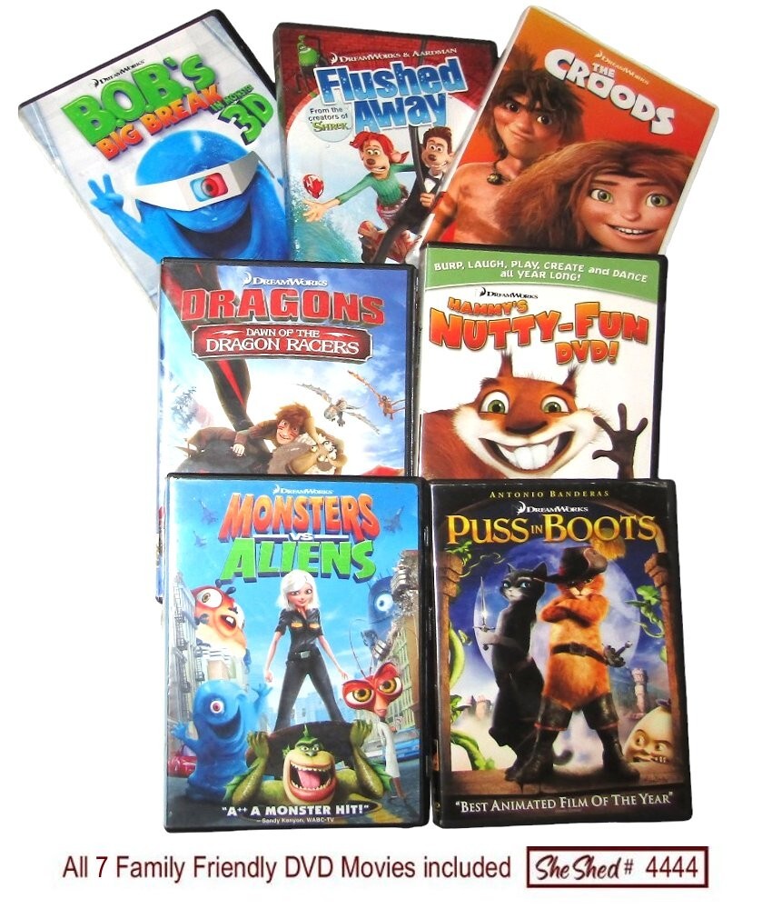Kids DVD Movie Lot 7 Croods Puss In Boots Dragons Monsters vs Aliens Animated