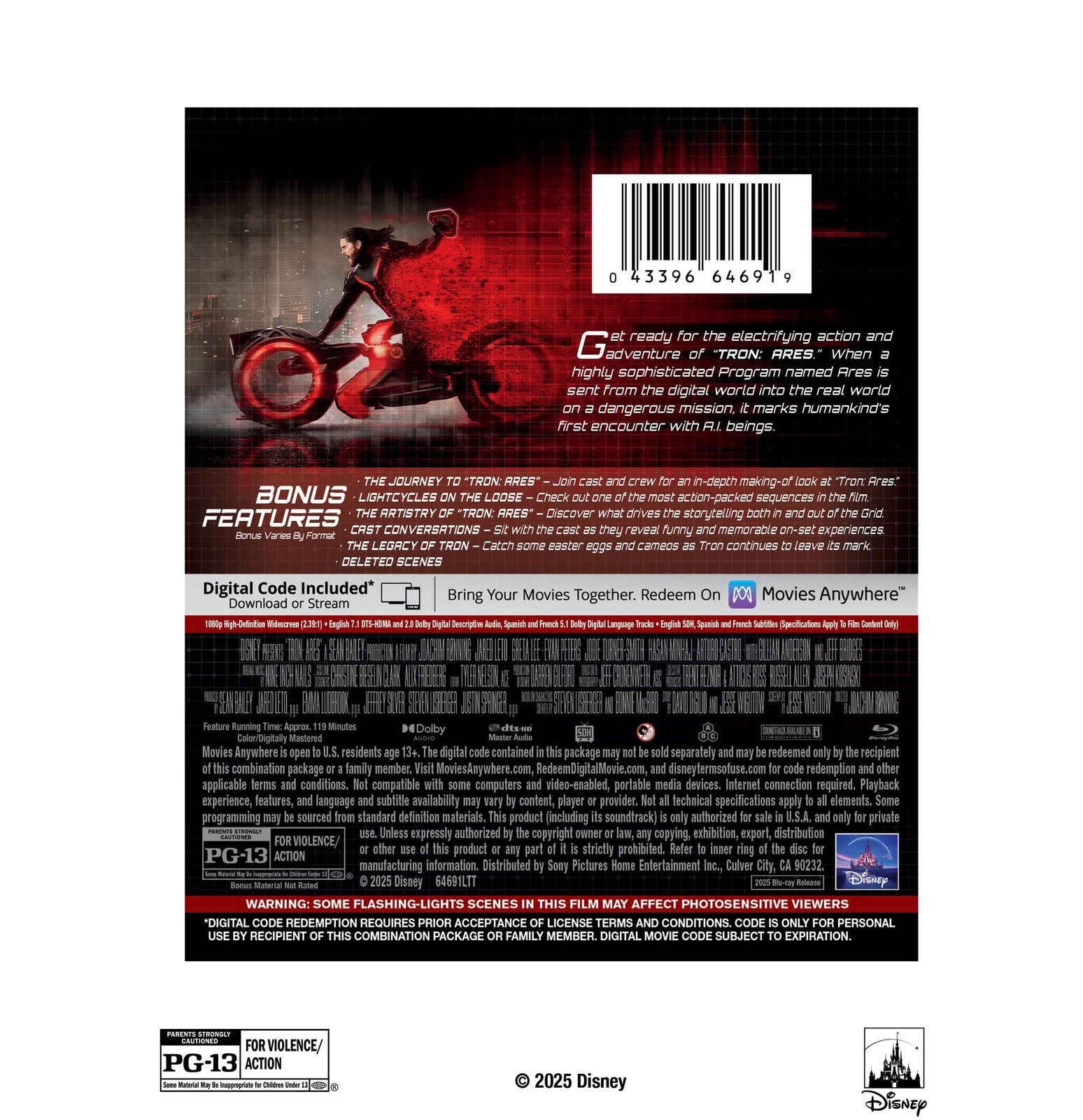Sony Pictures Home Entertainment Tron: Ares Blu-ray Movie with Digital Copy,