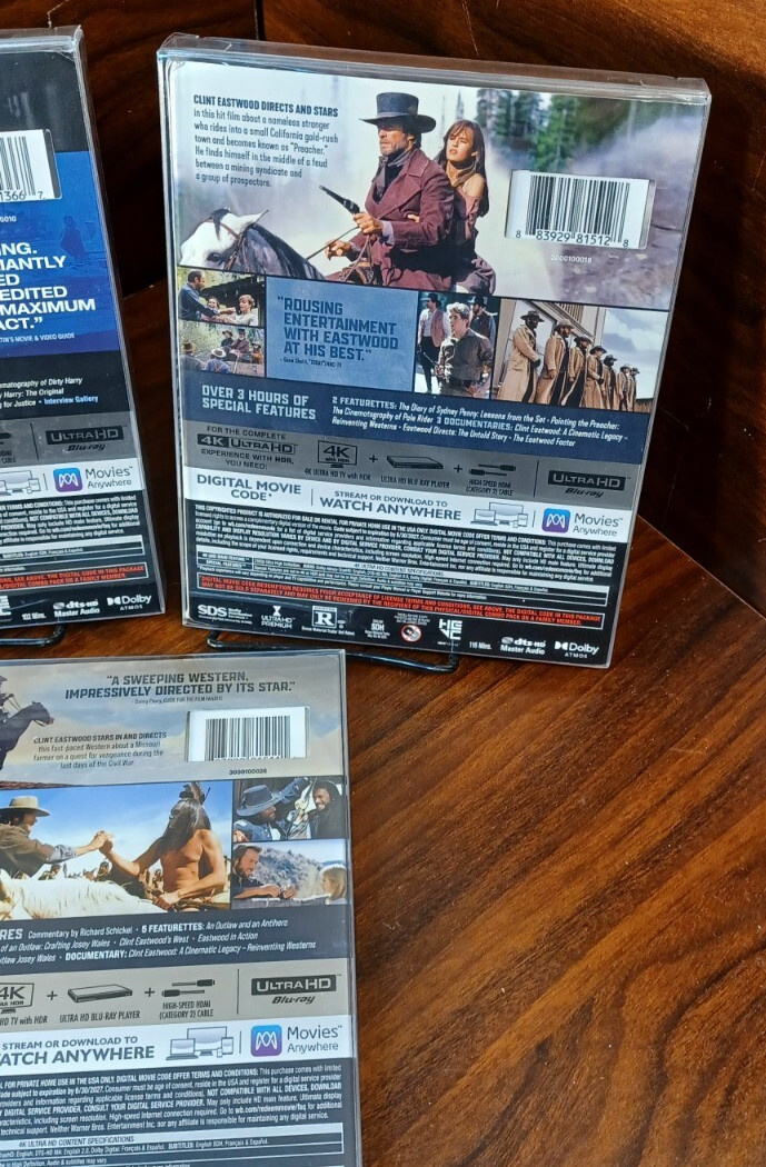 Dirty Harry / Pale Rider/ Outlaw Josey (4K)-SLIPCOVERS w/PROTECTIVE SLEEVES-NEW!