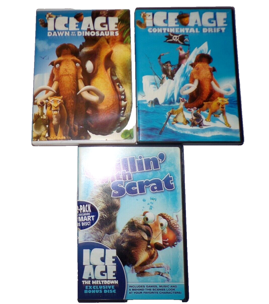 3 Ice Age movies Dawn of Dino, Continental drift, Chillin’ with Scrat