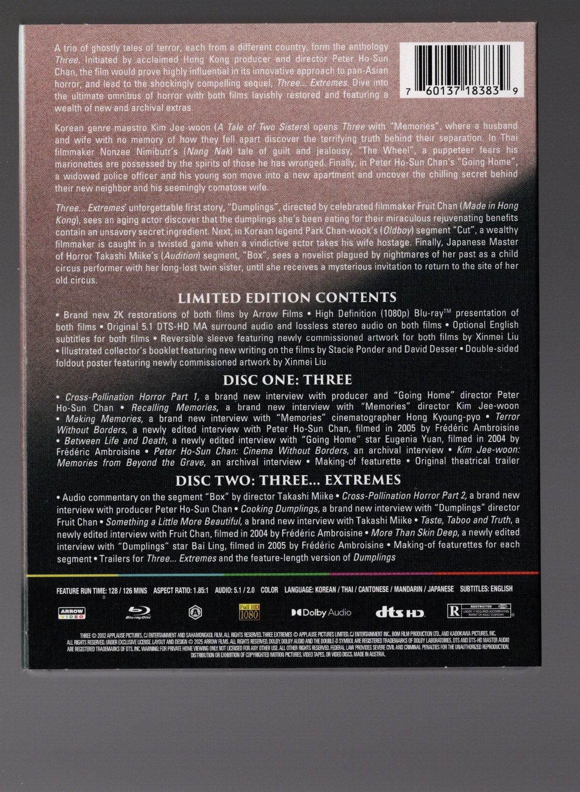 Three / Three… Extremes (Blu-ray, 2002-2004, 2-Disc Set) LIKE NEW w/Slipcover