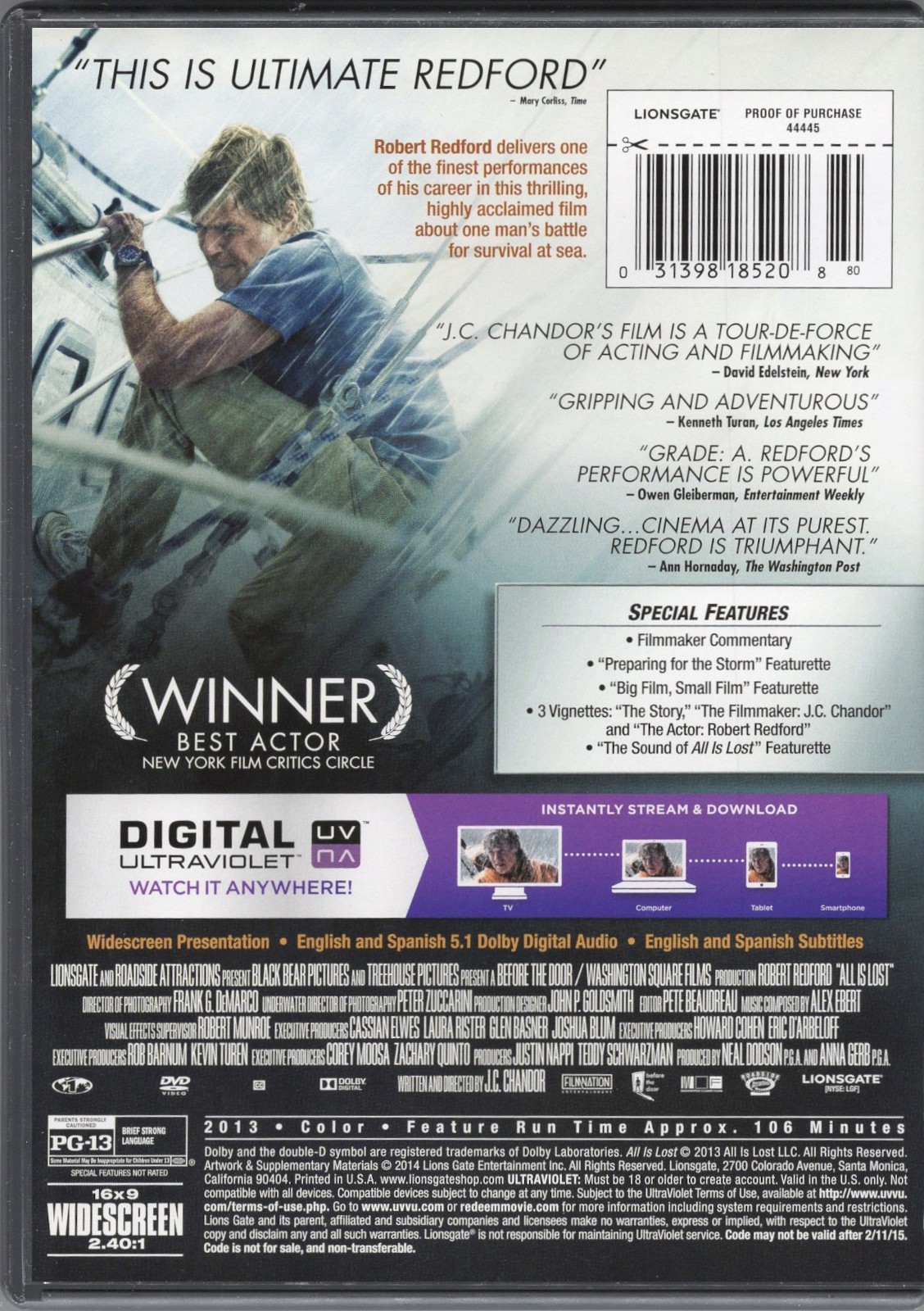 Robert Redford ALL IS LOST DVD written and directed by J.C. Chandor 0220