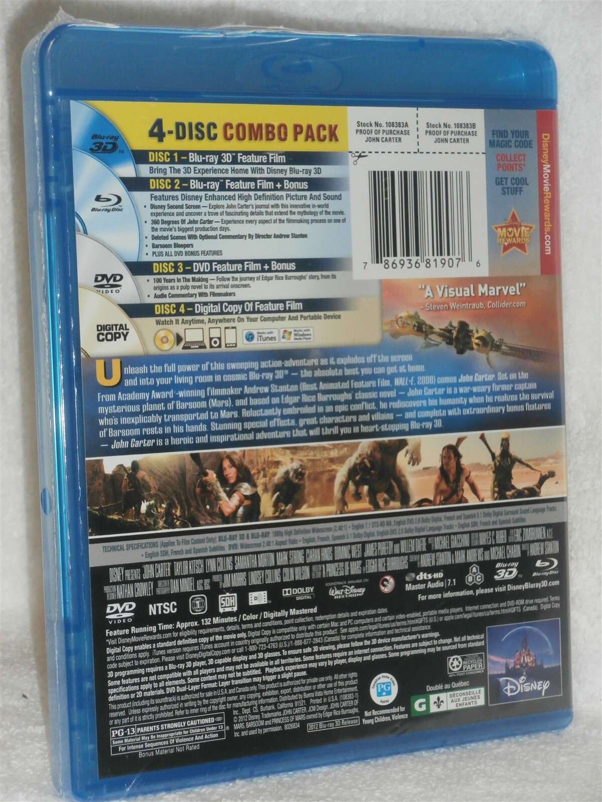 John Carter (Blu-ray/3D/DVD, 2012, 4-Disc) Taylor Kitsch Andrew Stanton epic war
