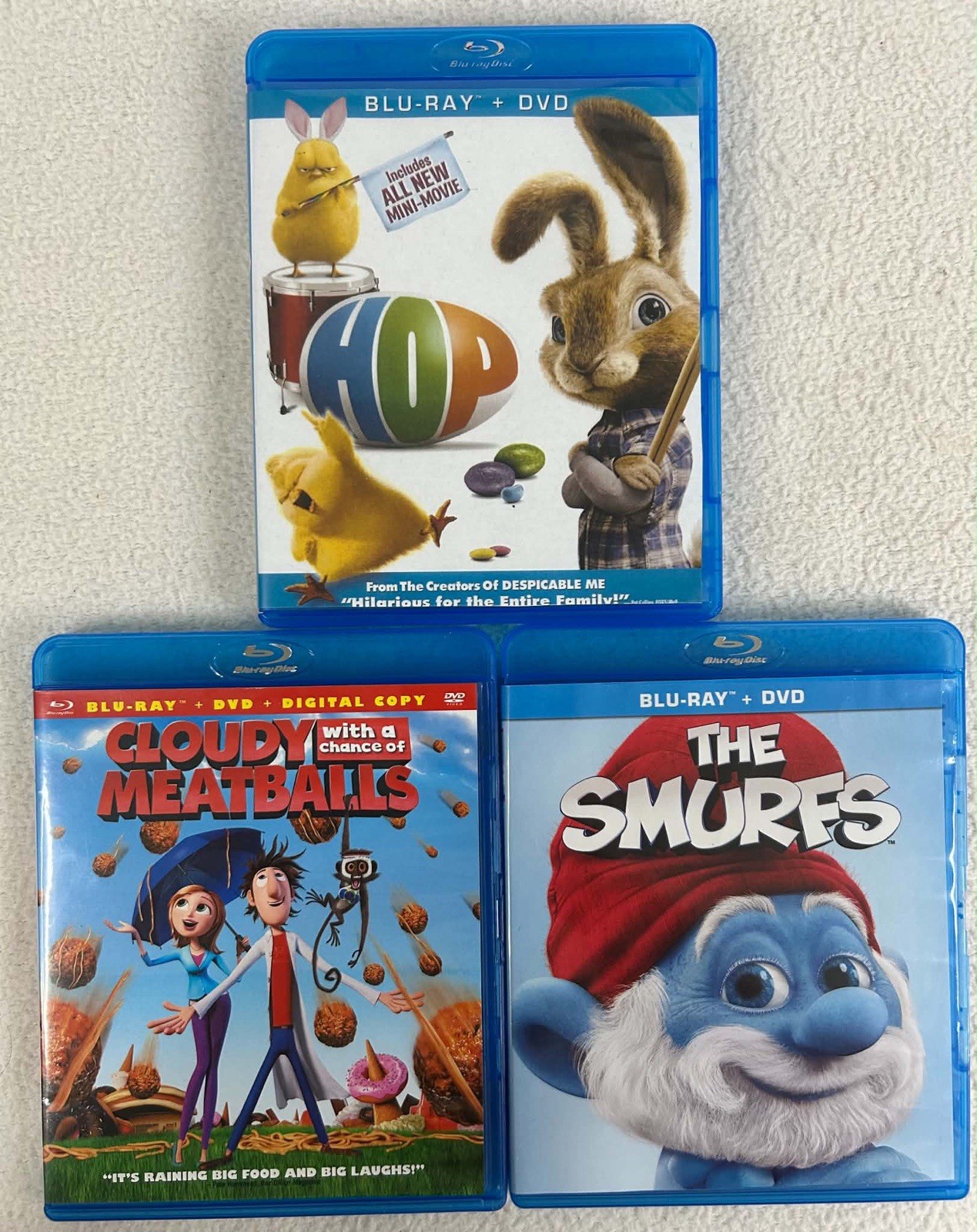 Blu-ray/DVD Lot Of 3: The Smurfs, Hop, Cloudy With Chance Meatballs Family Kids