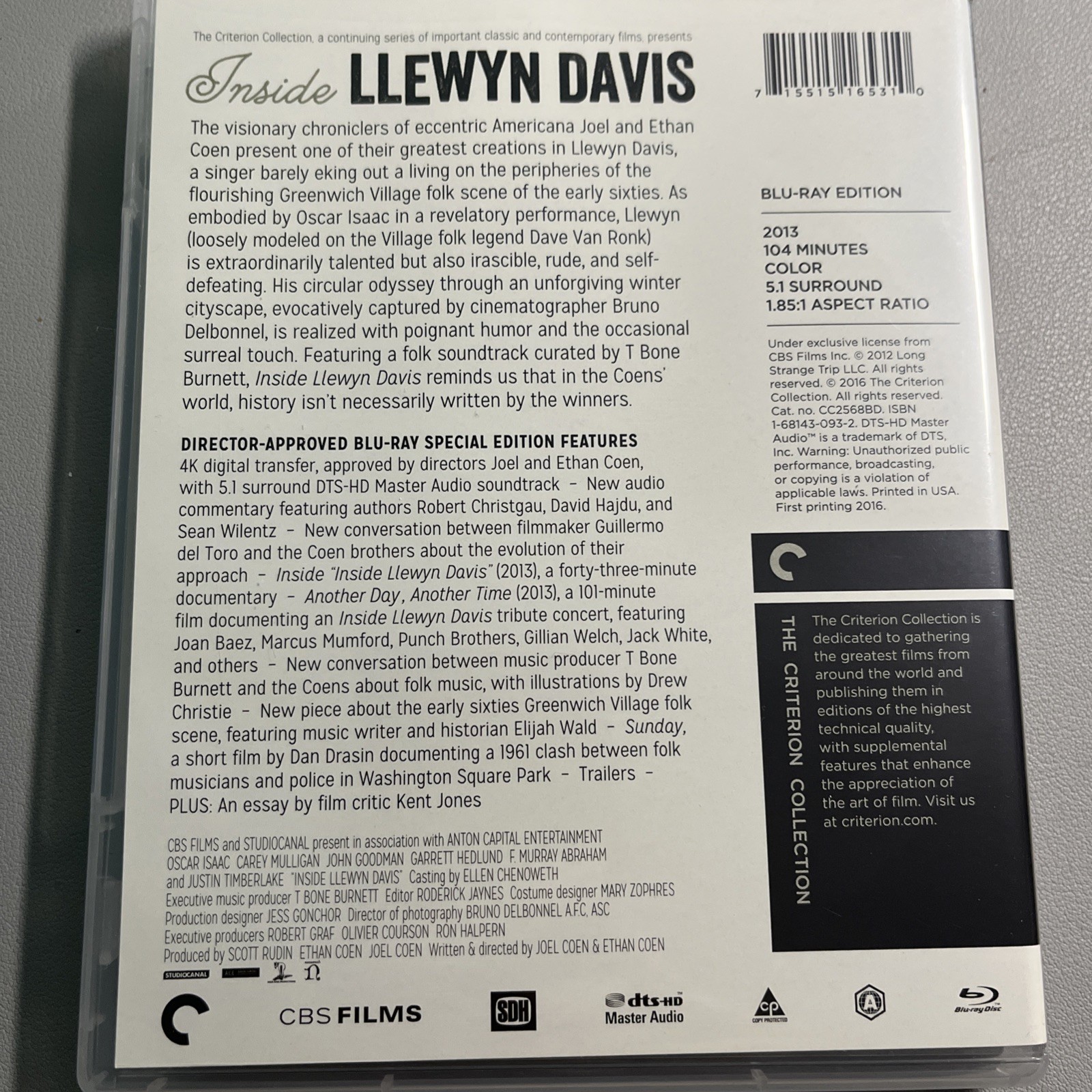 Inside Llewyn Davis (Criterion Collection) (BluRay, 2013) w/Poster Used VG