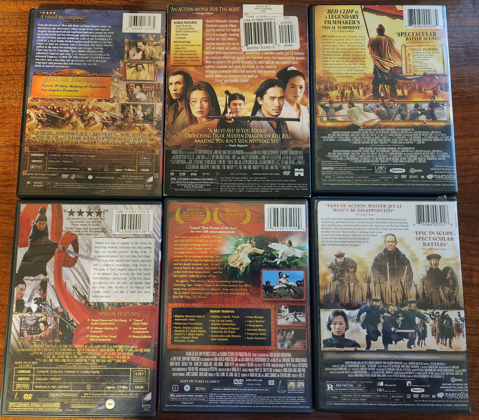 6 Wuxia/Chinese Epic DVDs Hero, Crouching Tiger, Red Cliff 1&2, Warlords, more