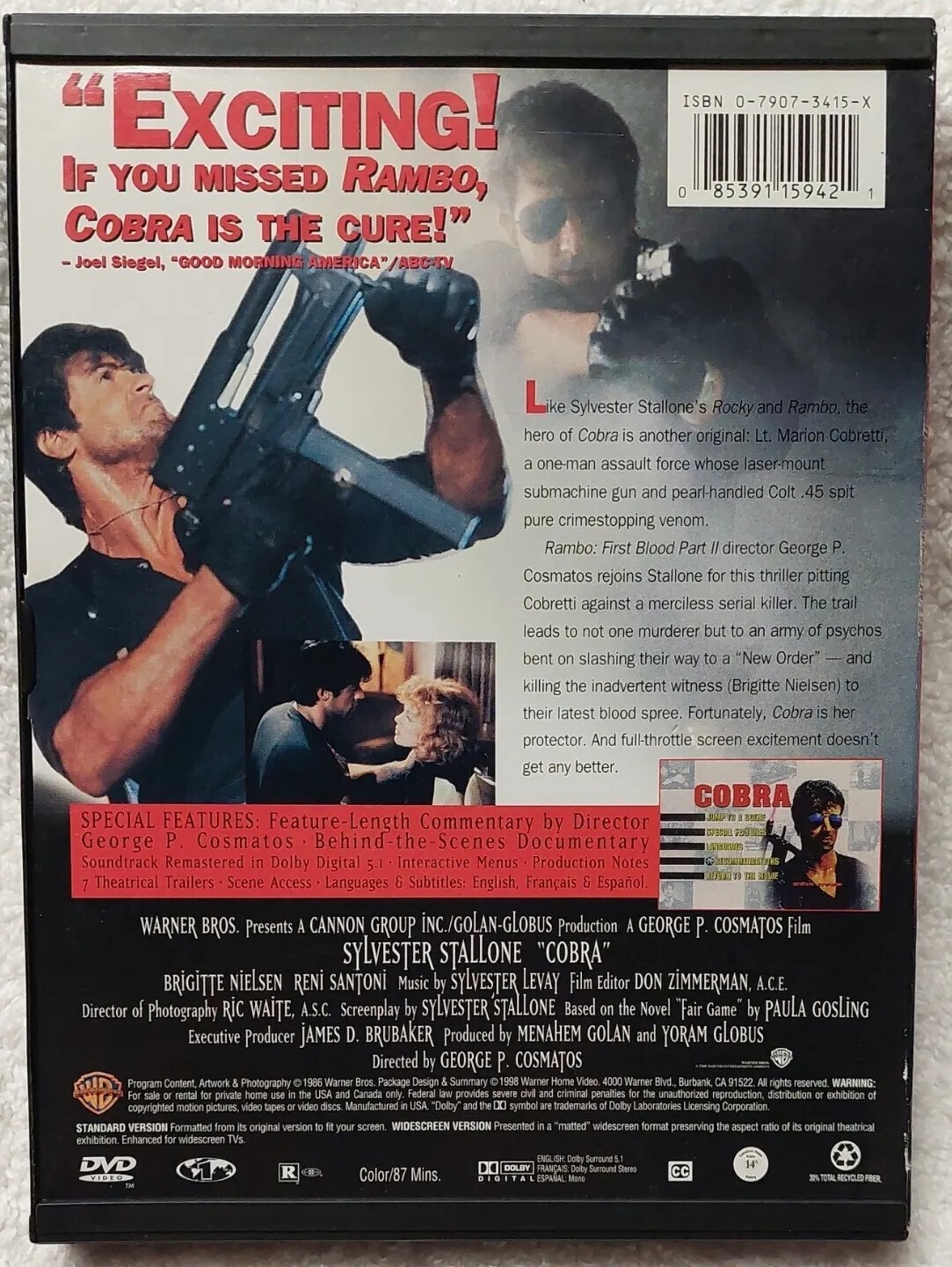 Cobra 1986 (1998 WarnerBros, DVD, R, George P. Cosmatos) Sylvester Stallone