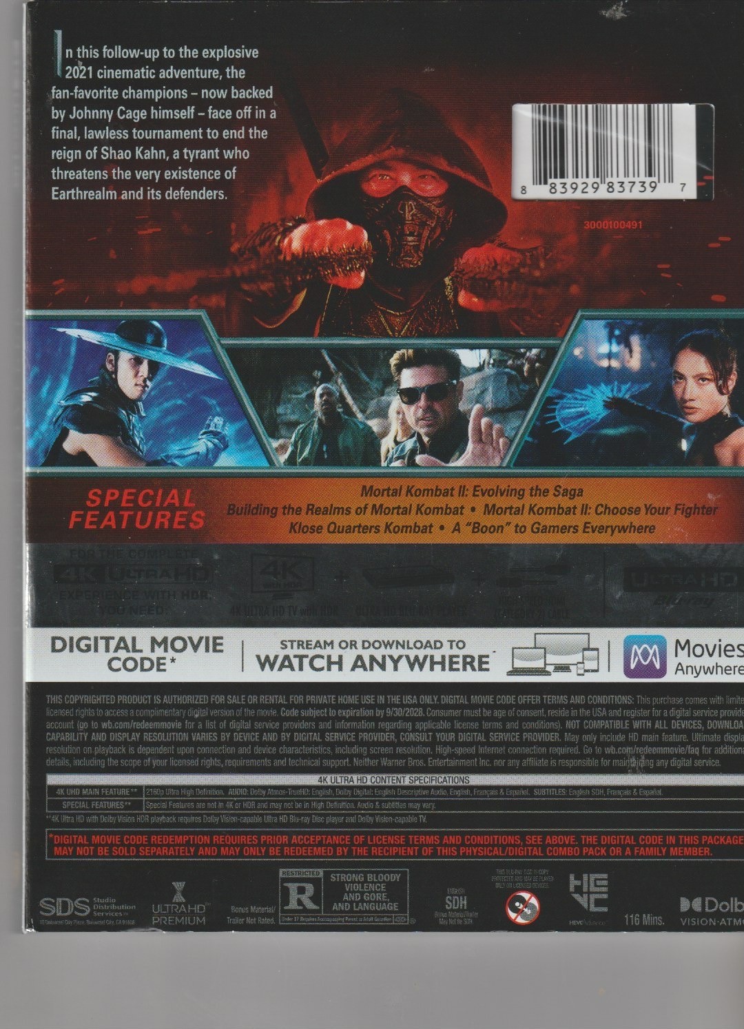 Mortal Kombat II (4K UHD + DIGITAL + SLIPCOVER) Brand New Sealed *Ships Free*