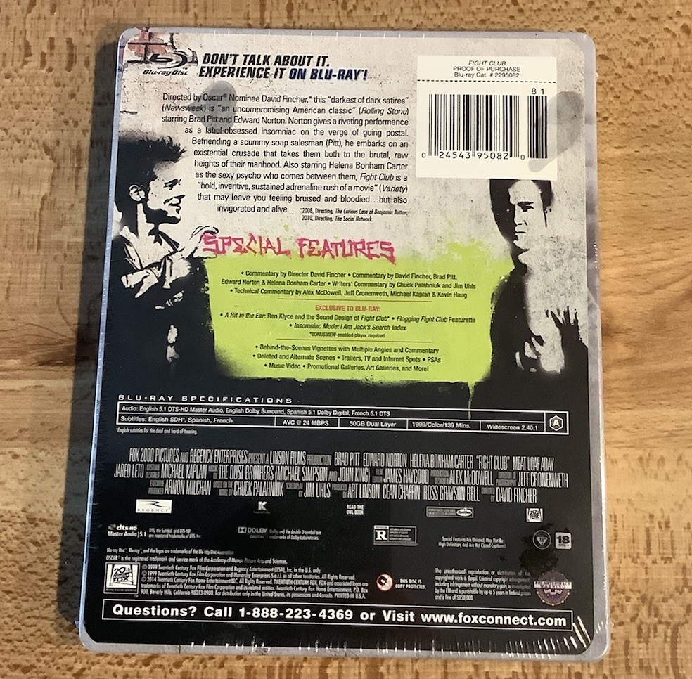 FIGHT CLUB (Blu Ray) STEELBOOK Brad Pitt Edward Norton David Fincher