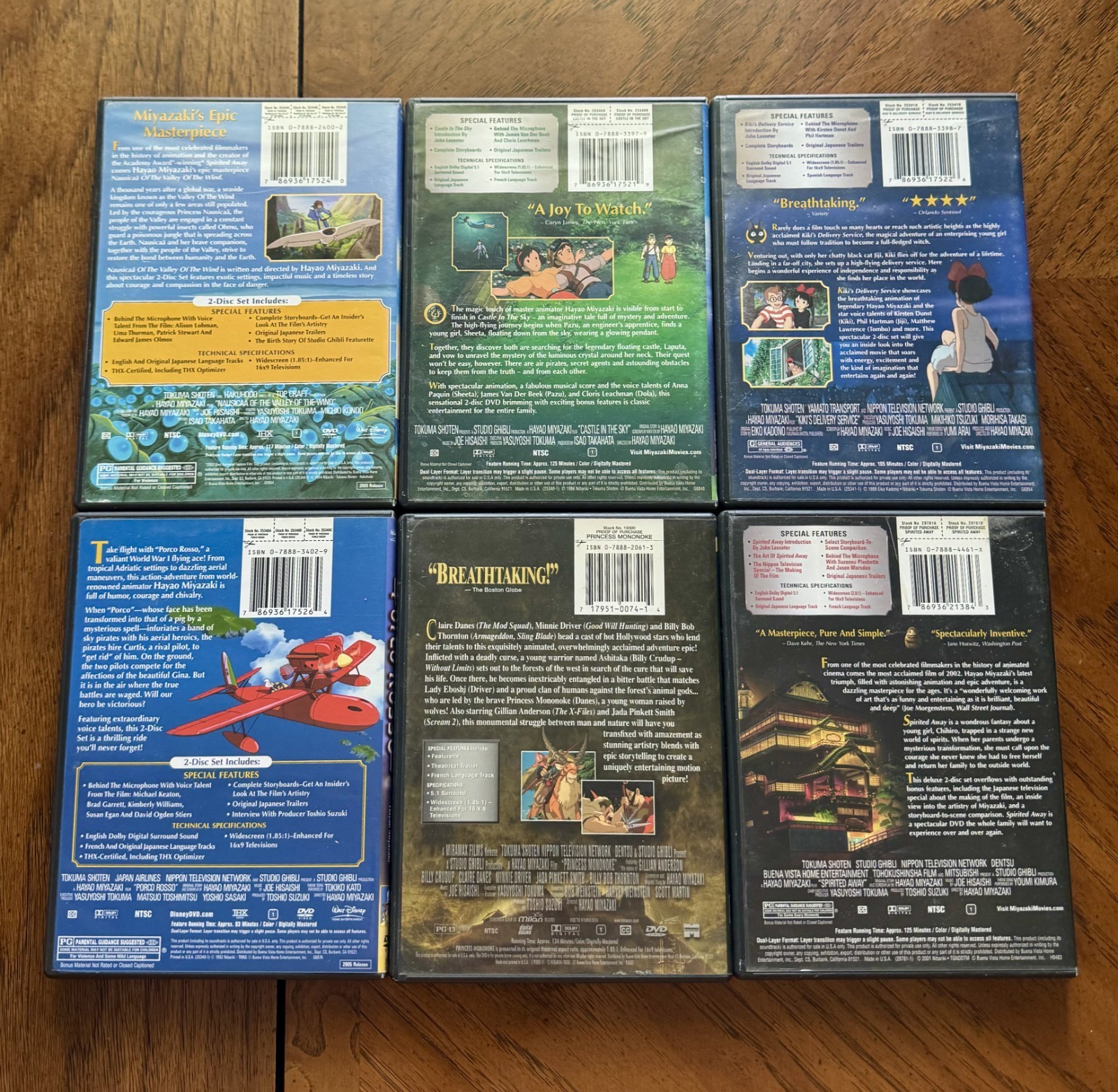 (x6) Miyazaki Ghibli DVD Lot Mononoke Nausicaa Kiki Spirited Away Porco Castle