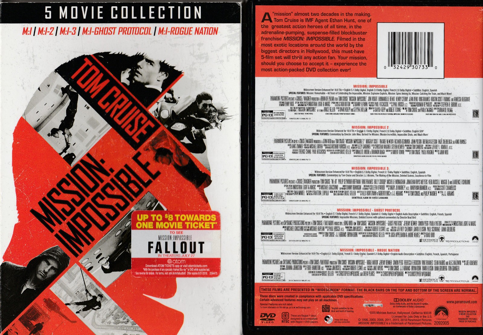 MISSION IMPOSSIBLE 5 MOVIE COLLECTION DVD Tom Cruise GHOST PROTOCOL Slip Cover