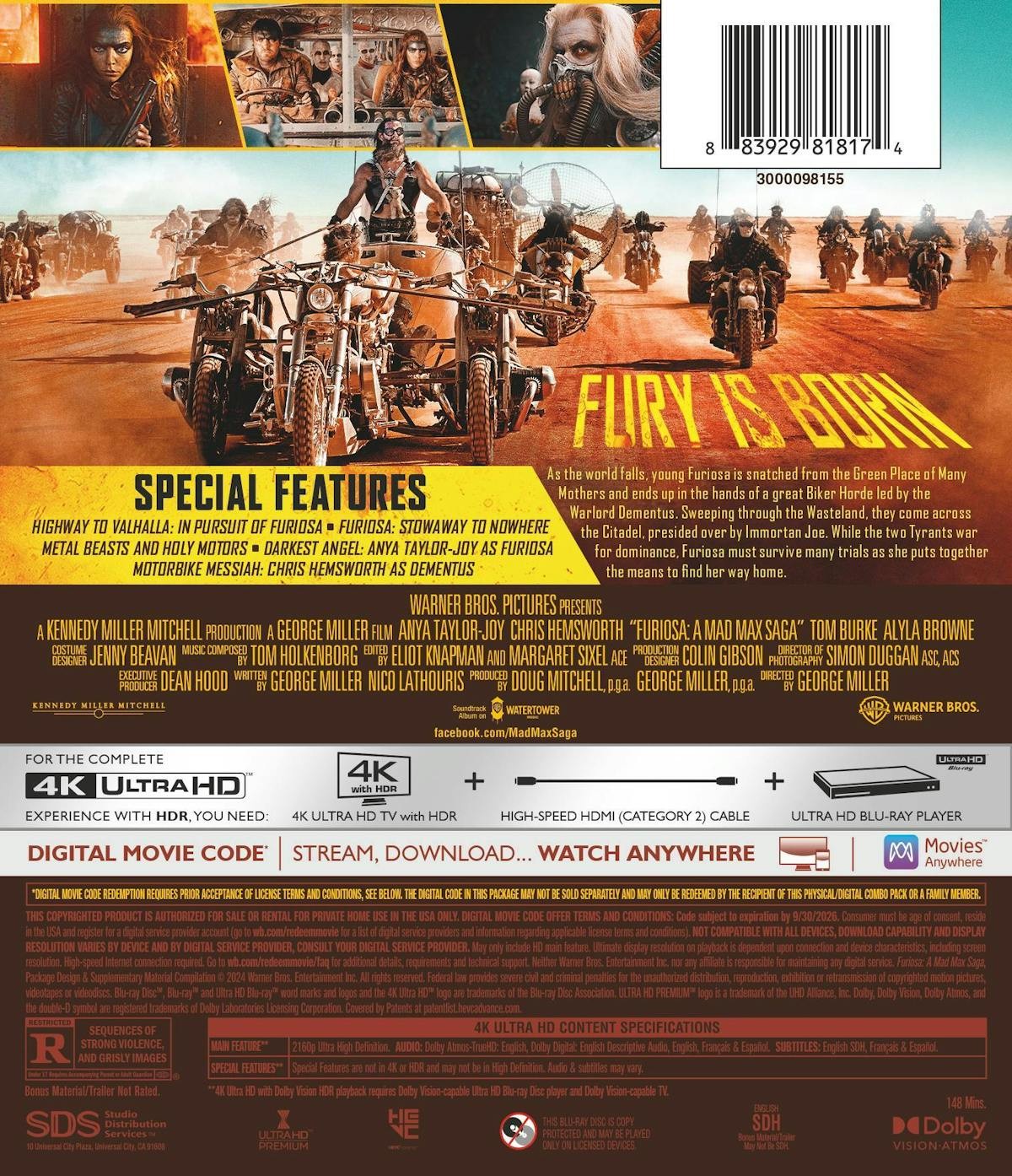 Furiosa A Mad Max Saga 4K UHD Blu-ray NEW